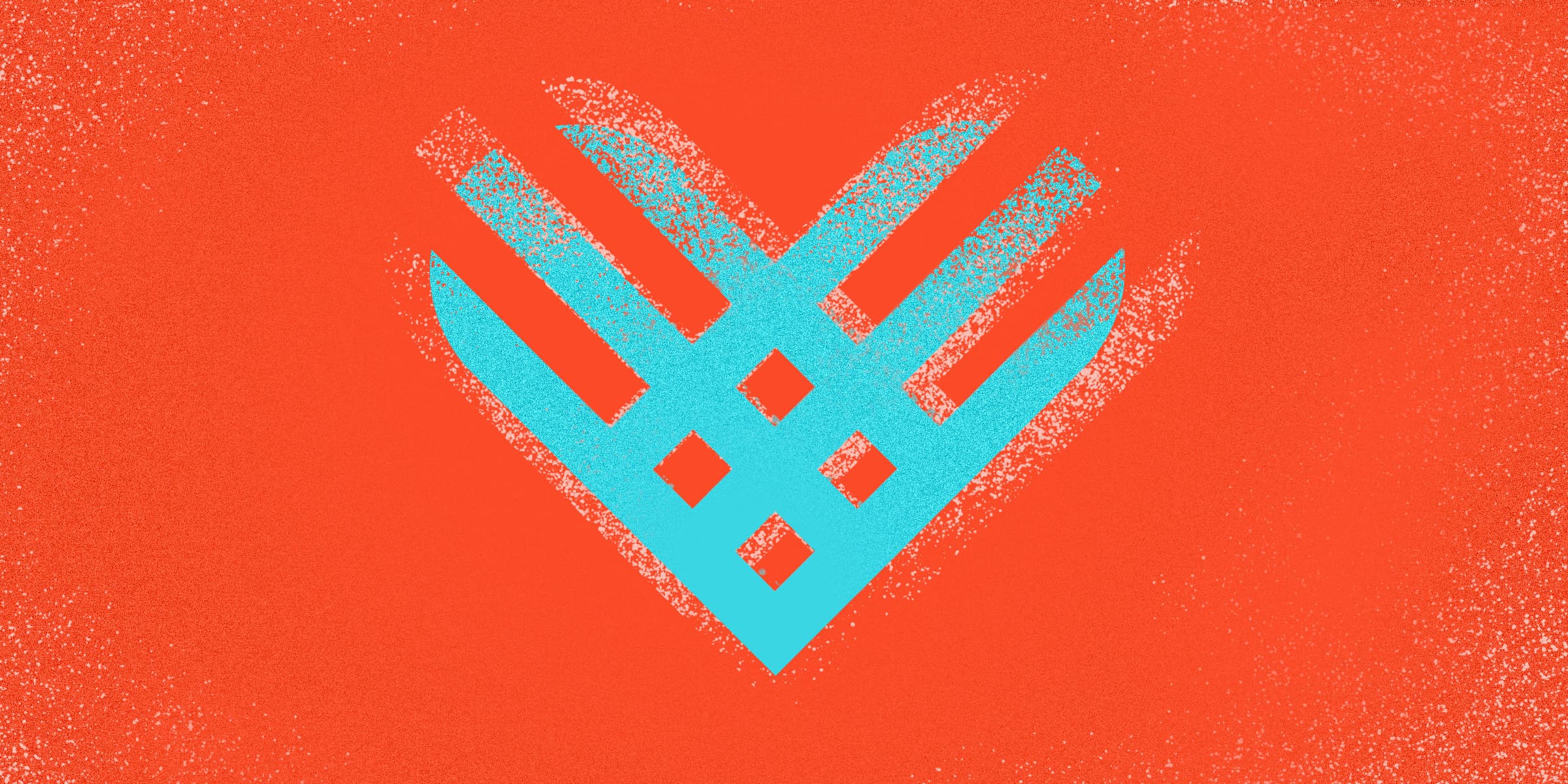 A blue heart-shaped symbol made up of interlocking lines is centered on a red background with textured edges. The lines creating the heart have various angles, giving it a dynamic appearance. The overall design has a modern and geometric style.