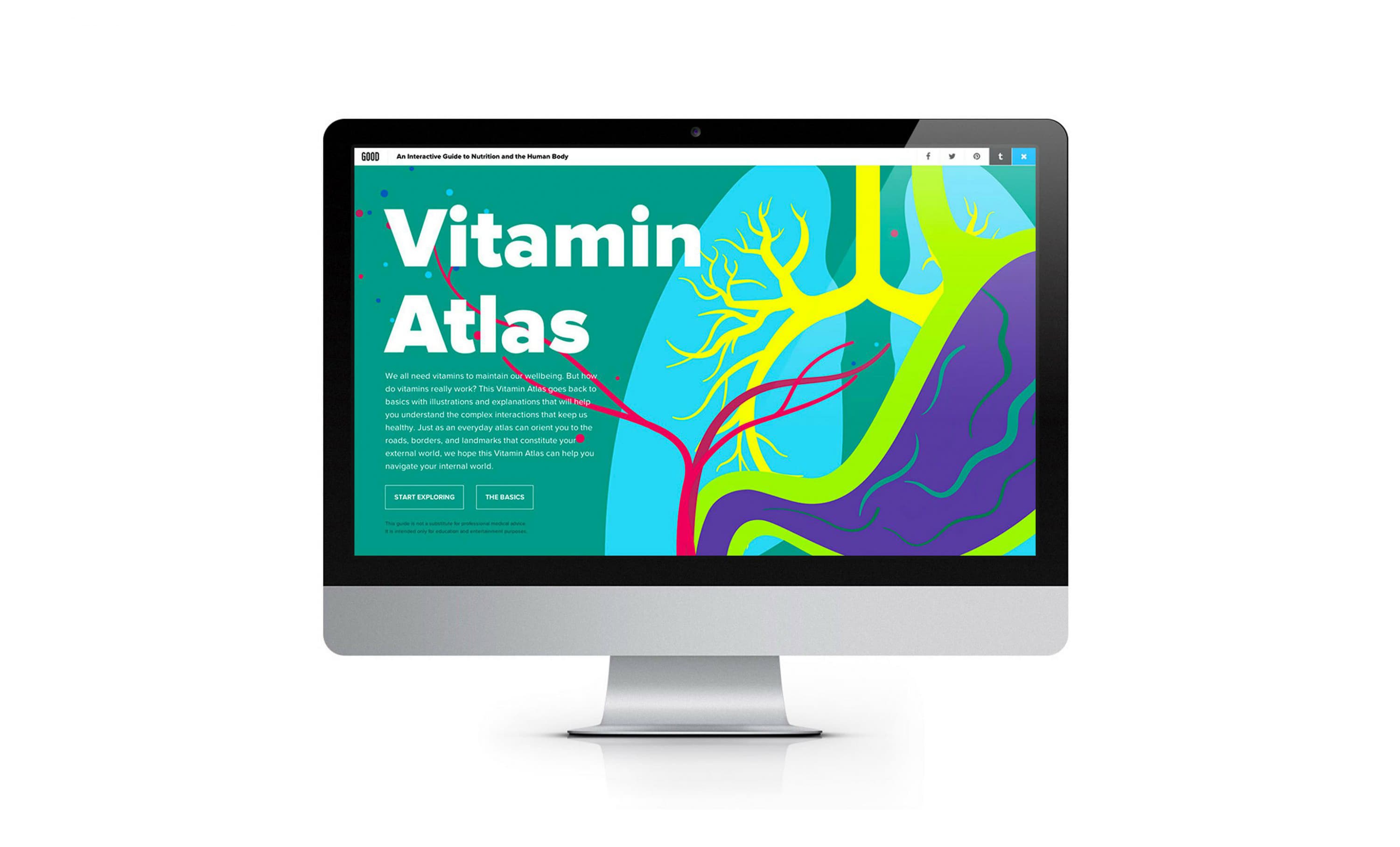 A computer monitor displays a colorful, illustrated webpage titled "Vitamin Atlas". The design features abstract, vibrant shapes in green, yellow, purple, and blue tones. The text describes a project related to the functions and sources of vitamins.