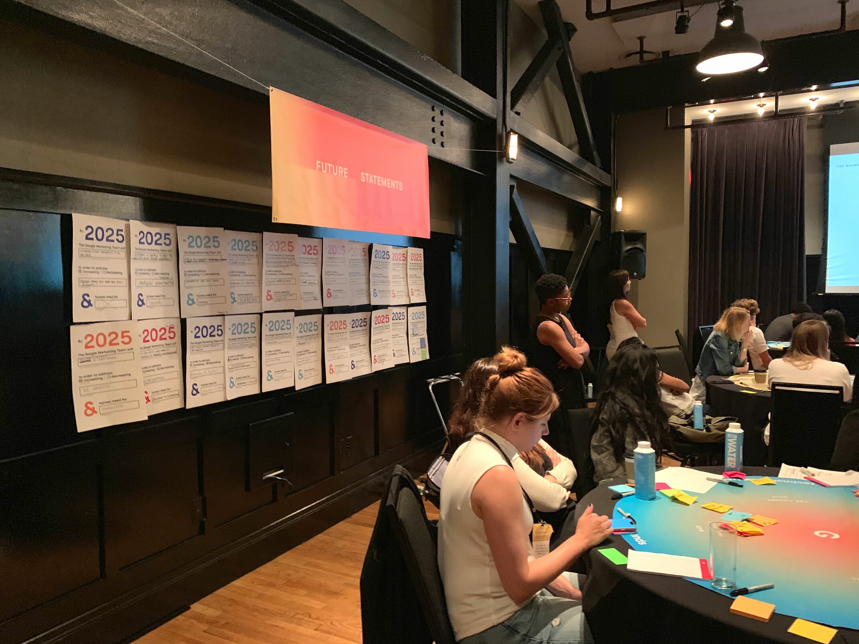 A group of people are gathered in a room with a wooden floor and dark walls. They are seated at tables with colorful sticky notes and pens. On a wall, there are several posters with the year 2025 and other text. Above them is a banner that reads "FUTURE STATEMENTS.