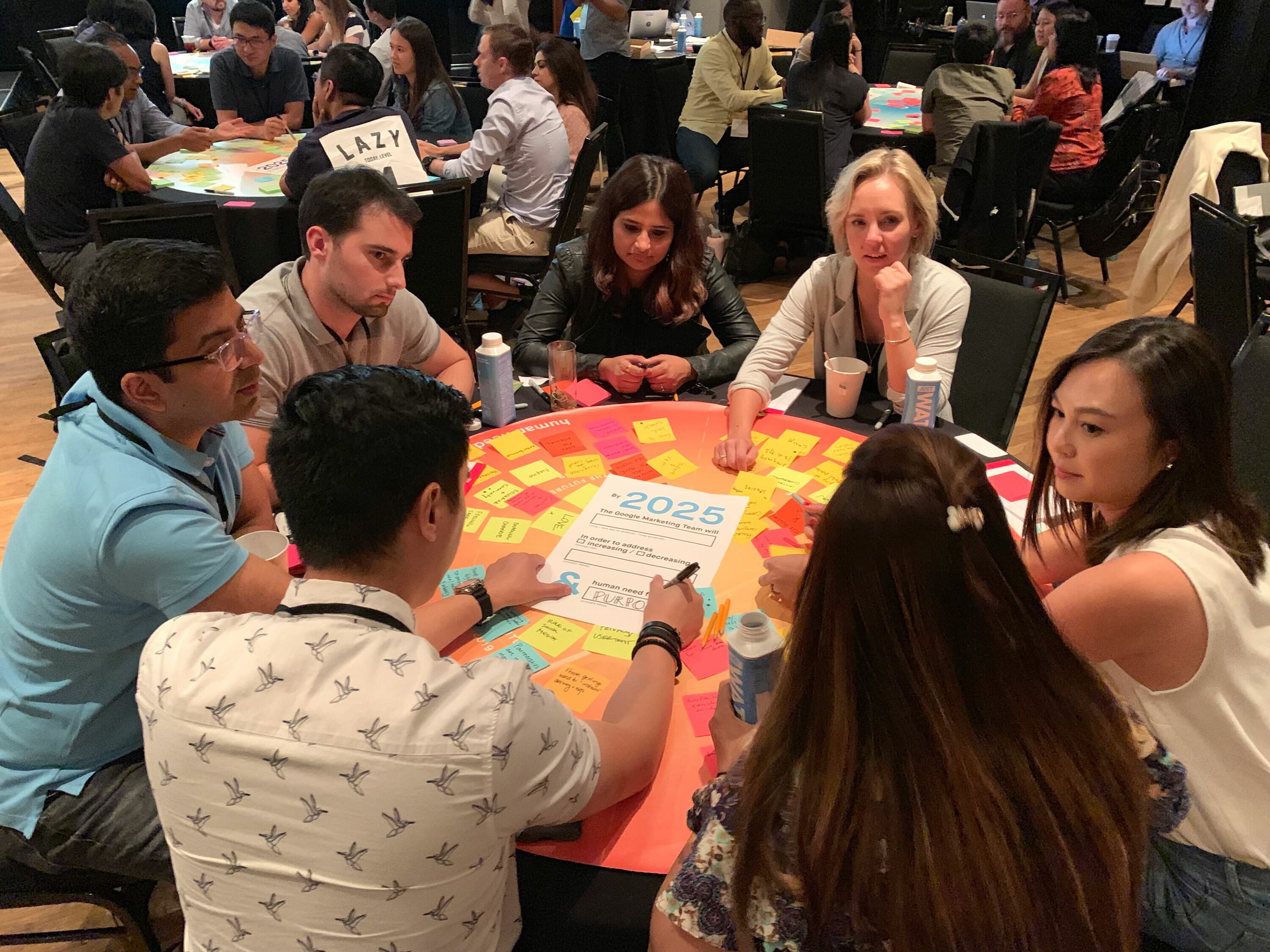 A group of people sits around a table covered with colorful sticky notes, engaged in a discussion. In the center of the table, a piece of paper with "2025" written on it is visible. The setting appears to be a collaborative workshop or brainstorming session.