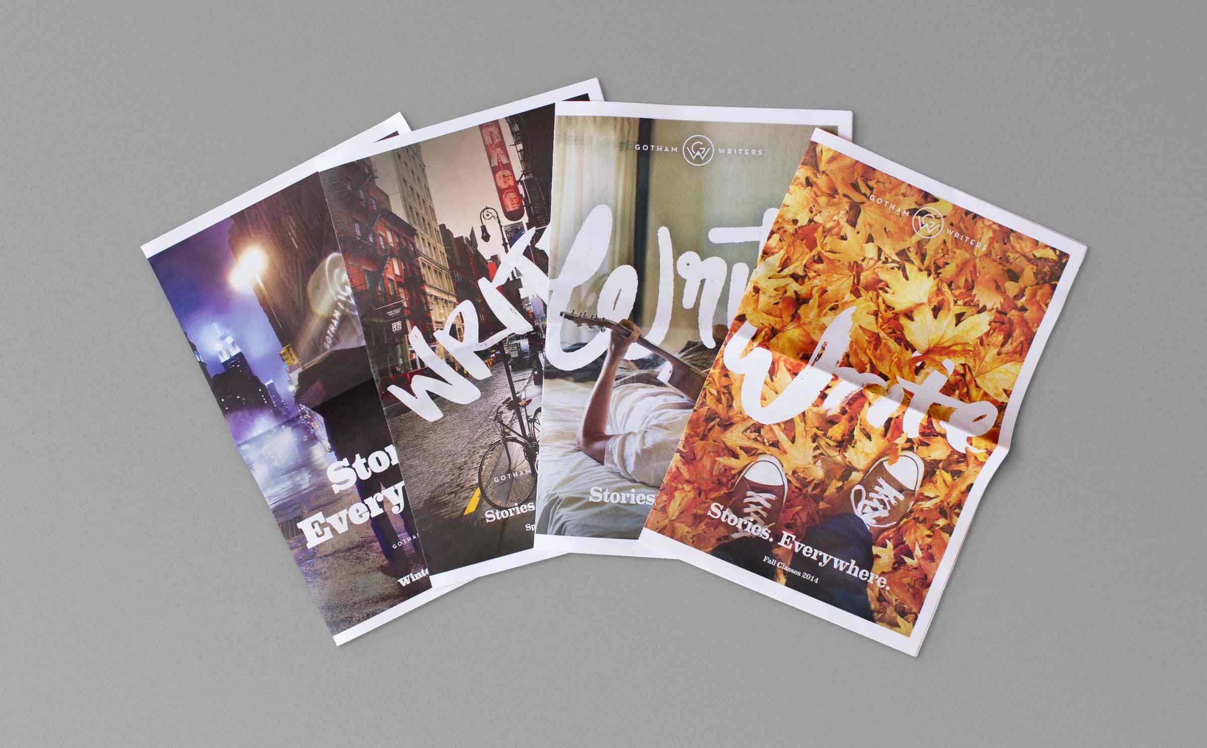 Four magazines are displayed against a gray background. Each cover features different imagery and the word "WRITE" prominently. From left to right, the covers showcase a city street, a person on a bicycle, an abstract design, and autumn leaves.