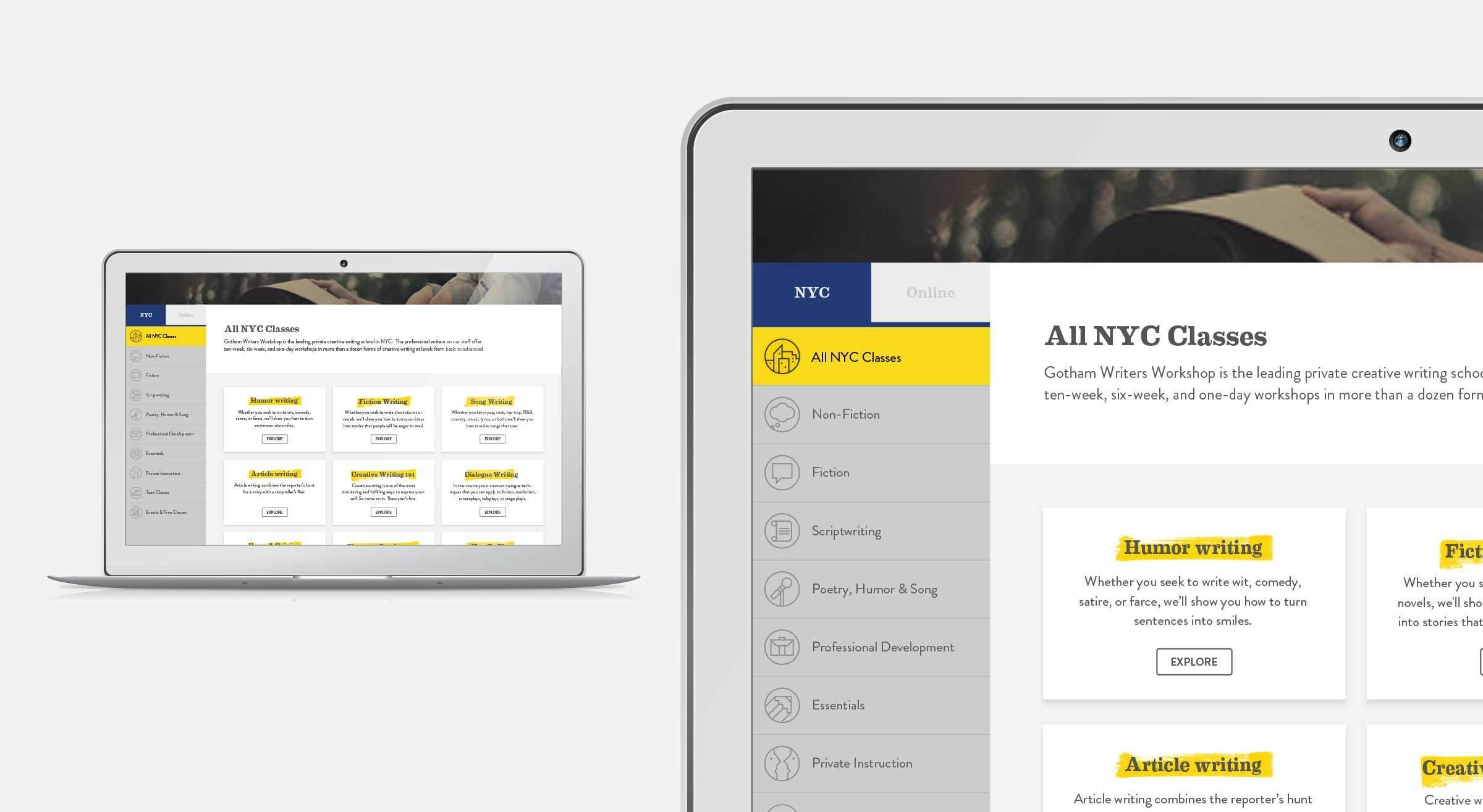 The image shows two laptop screens displaying a webpage for Gotham Writers Workshop. The left screen shows a menu with class categories, including humor writing and fiction, while the right screen highlights "All NYC Classes" with details of offerings like humor writing and article writing.