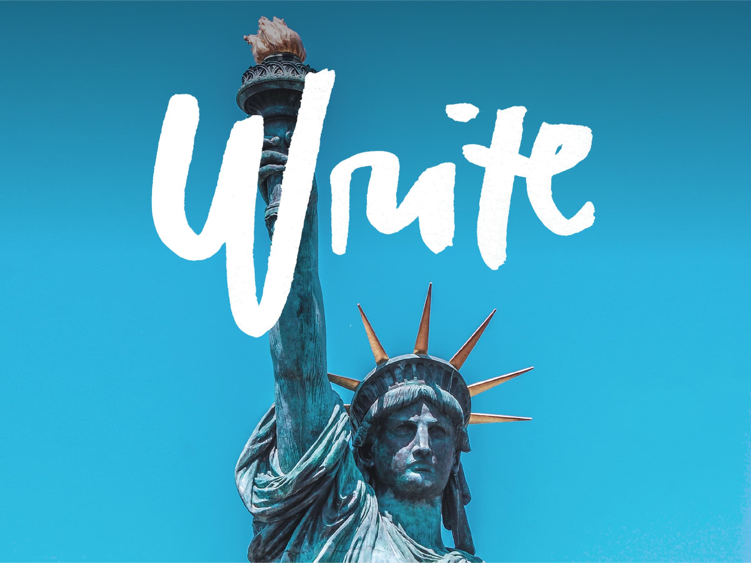 The Statue of Liberty holding a torch stands against a clear blue sky, with the word "Write" in bold white paint-like script overlaid on the image.