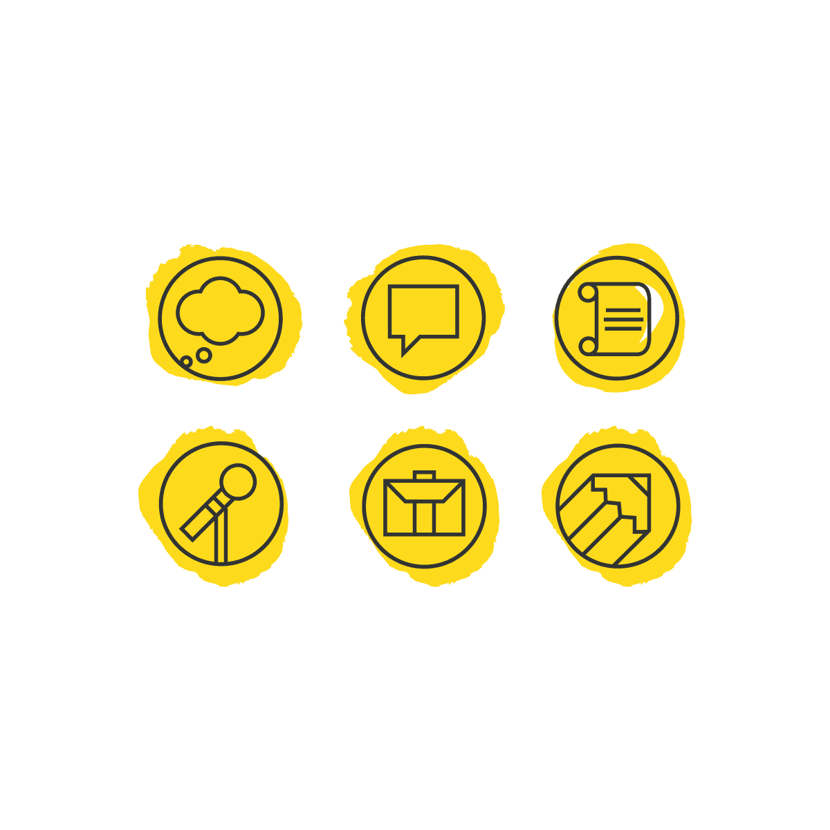 Six icons on a green background, each within a yellow circle: a thought bubble, a speech bubble, a scroll, a microphone, a briefcase, and a staircase with an upward arrow.