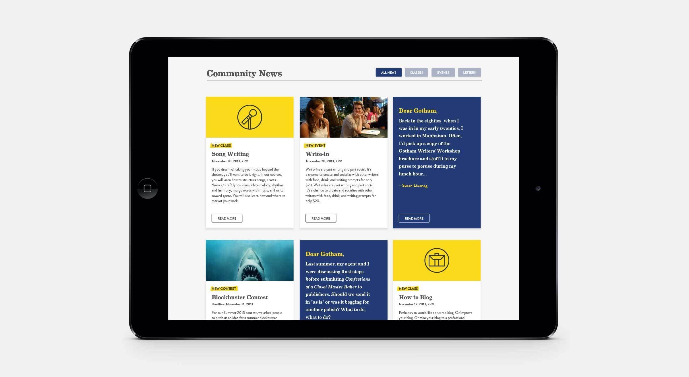 A tablet displaying a "Community News" webpage with various articles and announcements. The layout features a mix of yellow and blue sections, images, and text boxes. Visible topics include songwriting, writing tips, a contest, and a Dear Gotham advice column.