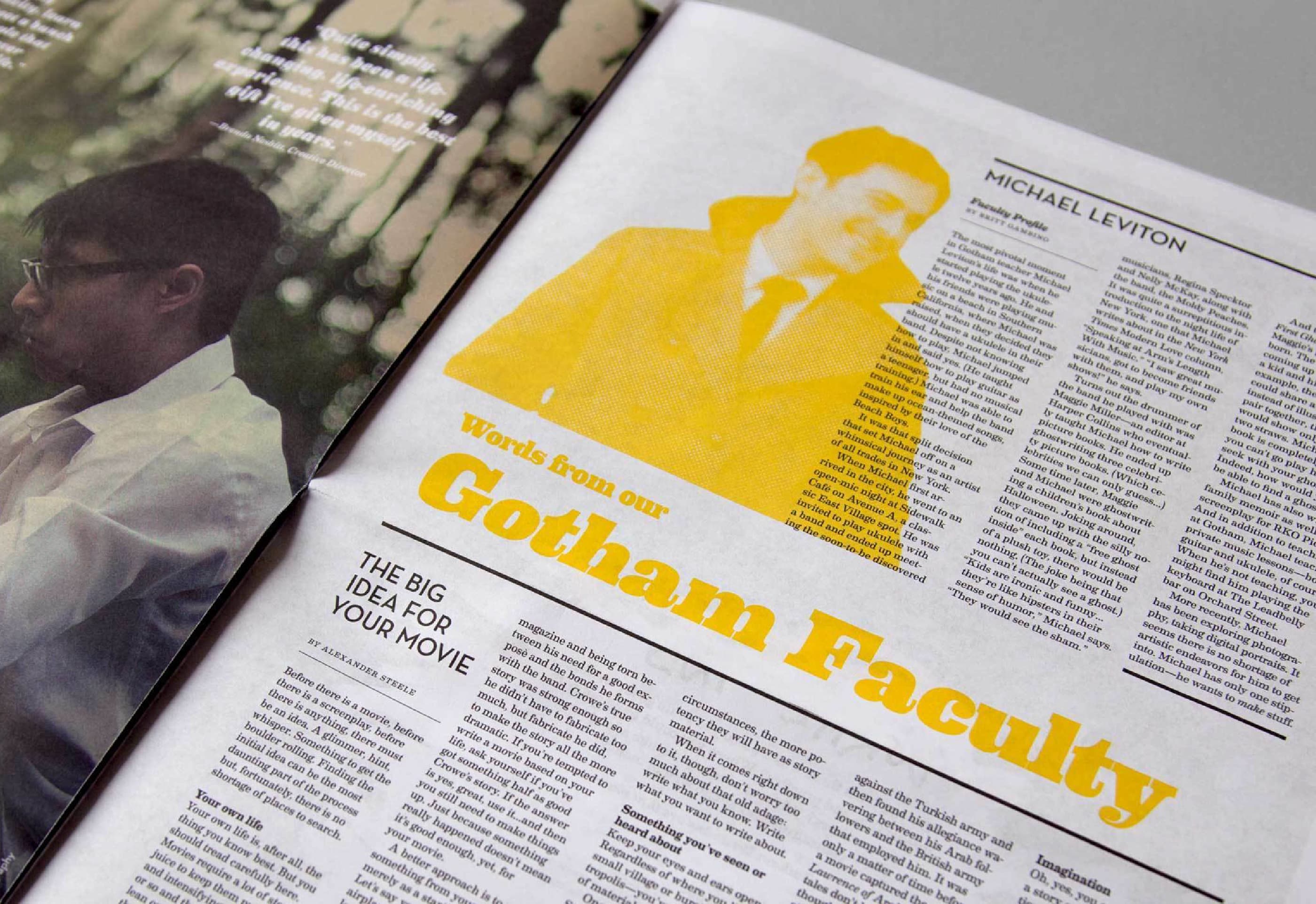 A newspaper spread featuring an article titled "Words from our Gotham Faculty" with a section focused on Michael Leviton. The article includes a monochrome yellow-tinted photo of a man in a coat and tie. Another article titled "The Big Idea for Your Movie" is partially visible.