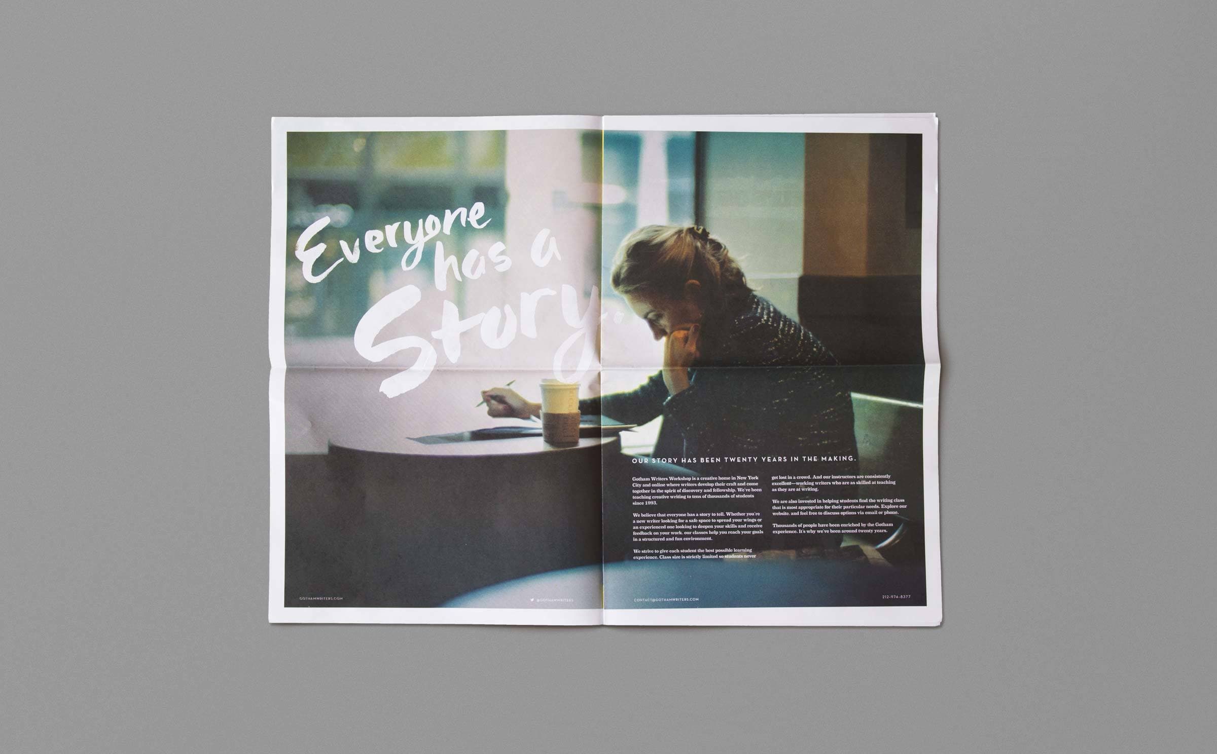 A magazine spread showing a woman sitting at a table in a café, reading or writing with a drink beside her. The text on the left page reads "Everyone has a Story" while the right page contains a column of text.