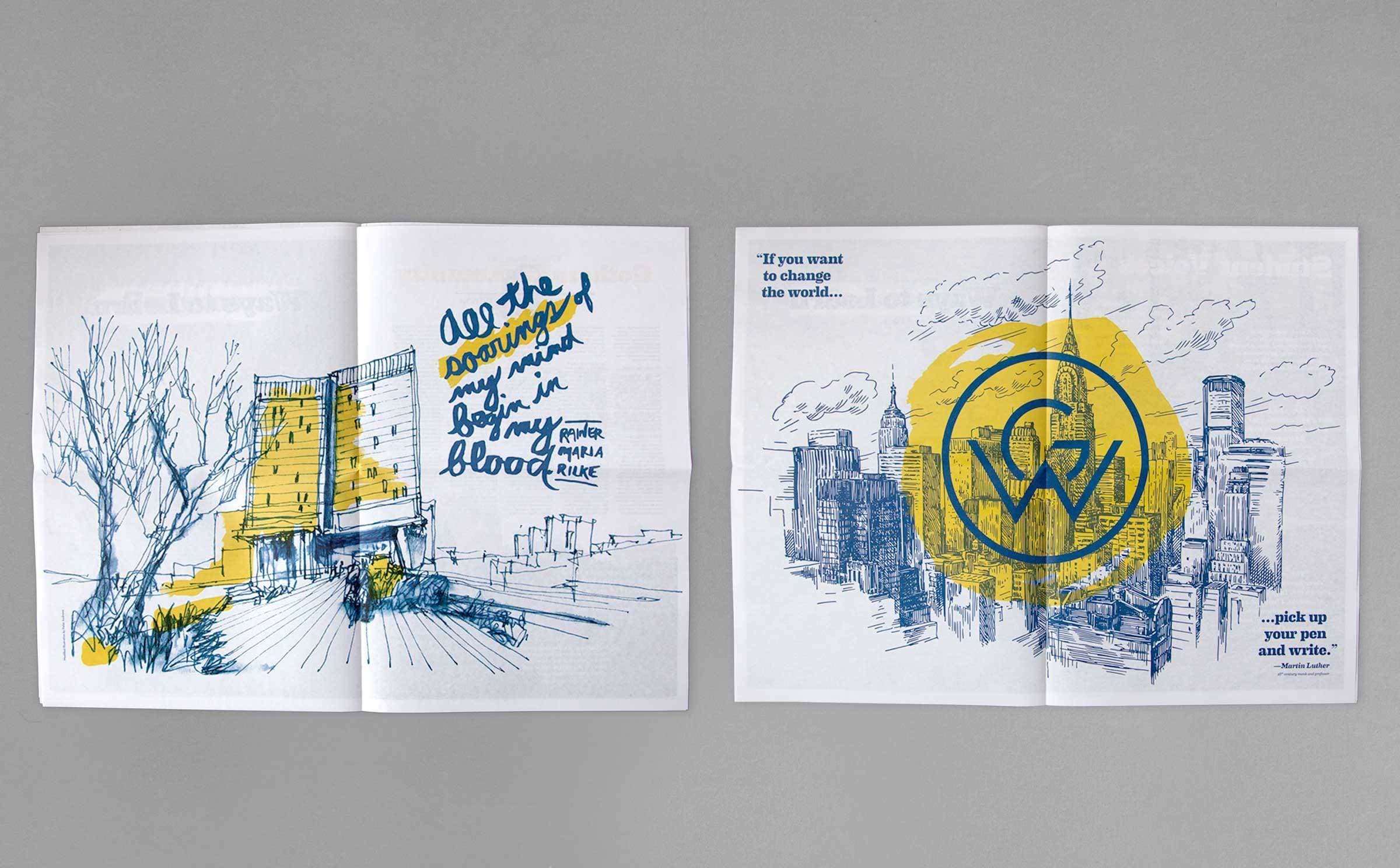 Two open sketchbooks showing colored sketches of urban architectural scenes. On the left, a yellow building with plants and handwritten text in blue. On the right, city buildings with a large yellow circular symbol and text in blue and black.