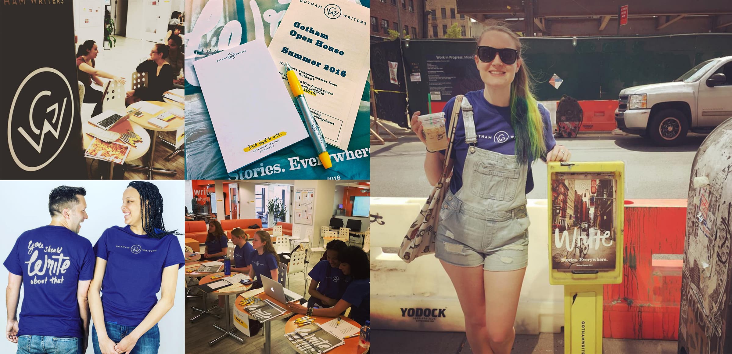 A collage of images featuring a writing workshop. People are seen participating in discussions and activities, wearing workshop-themed shirts. One image shows a woman standing outside, holding a drink, while another shows notebooks and materials from the workshop.