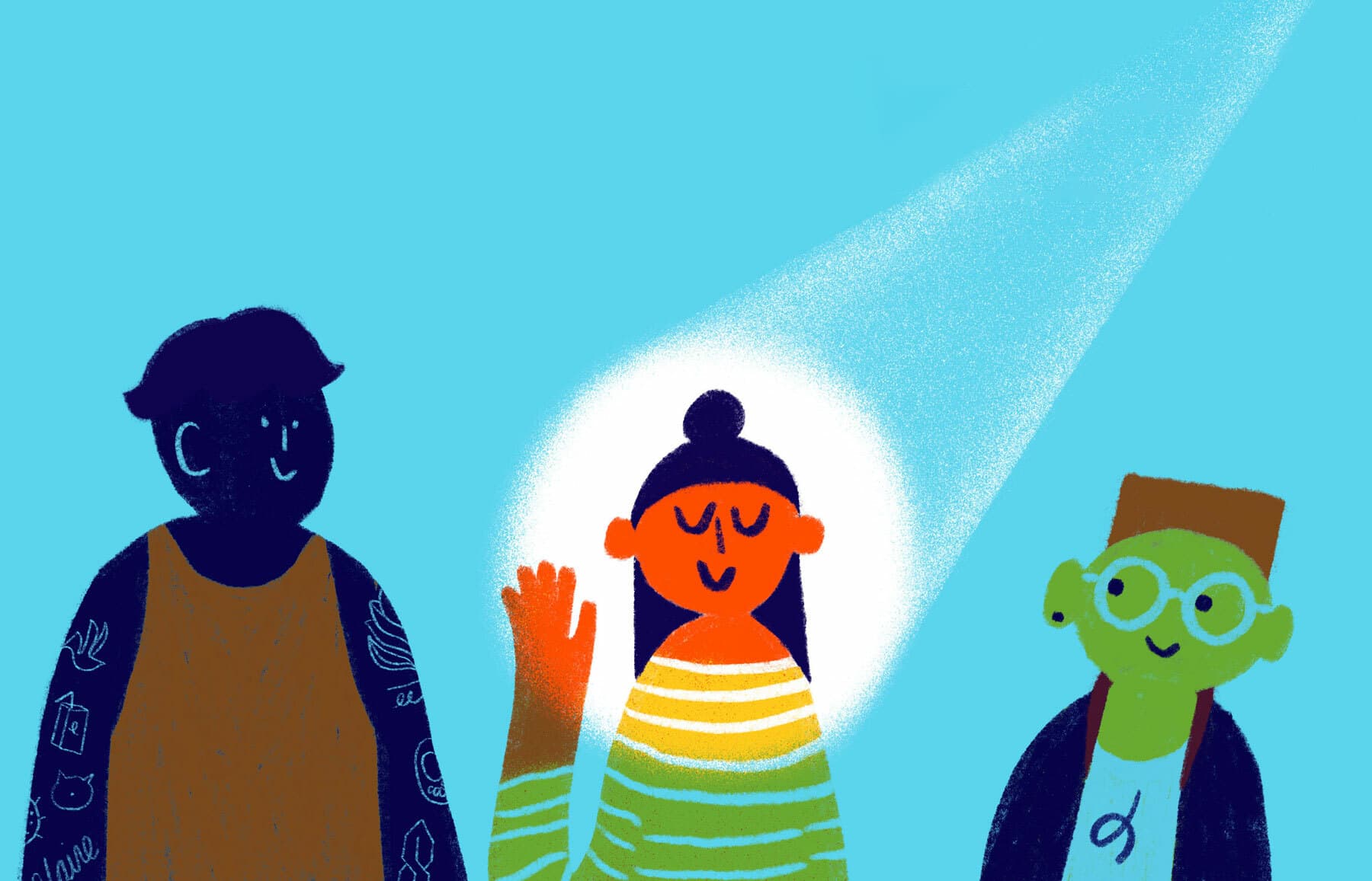 An illustration of three people against a blue background. The central figure is in brightly colored clothes, standing with one hand raised and highlighted. The other two figures are on either side, each shown in darker, contrasting colors with neutral expressions.