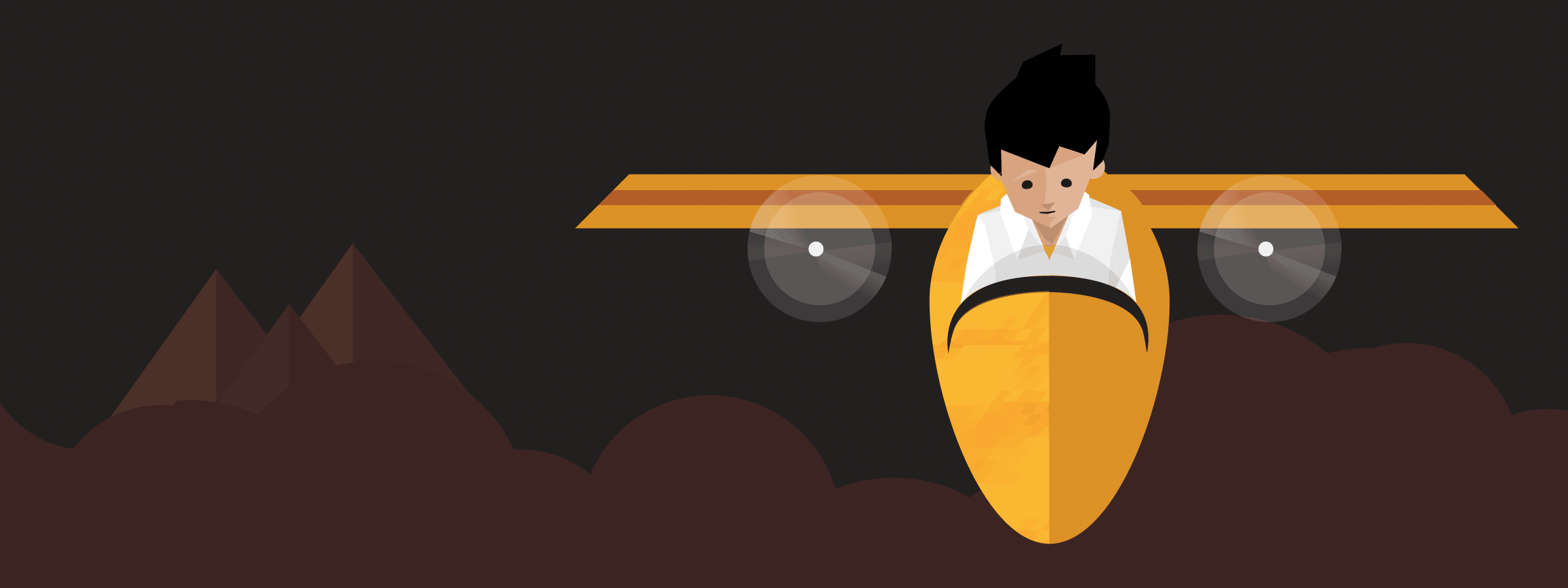 Illustration of a person flying a small yellow airplane with a focused expression. The background is dark with silhouetted mountains, and the plane is navigating through brown clouds. The illustration features a simplistic and minimalist art style.