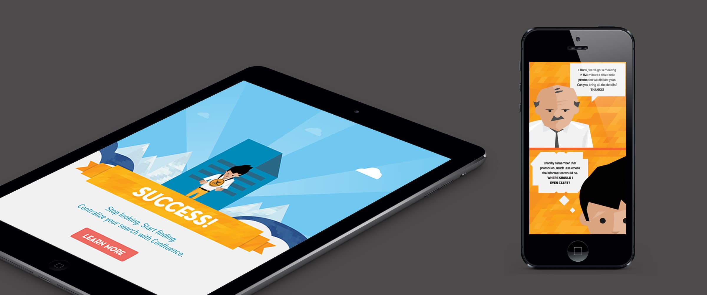 A tablet and smartphone display cartoon graphics. The tablet screen shows "SUCCESS!" with an illustration of a person in front of a mountain. The smartphone displays a comic with a character talking to another character. The background is yellow and blue.