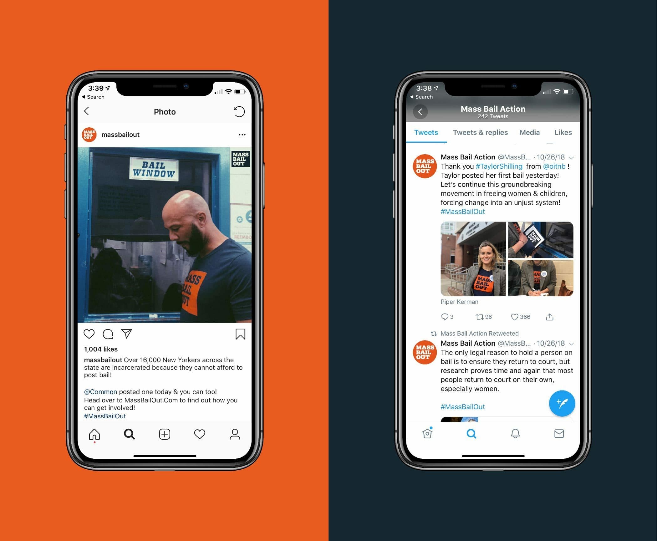 Image shows two side-by-side smartphones displaying social media posts about Mass Bail Out. The left phone shows an Instagram post featuring a person in front of a bail window. The right phone shows a Twitter post with text about the organization's activities.