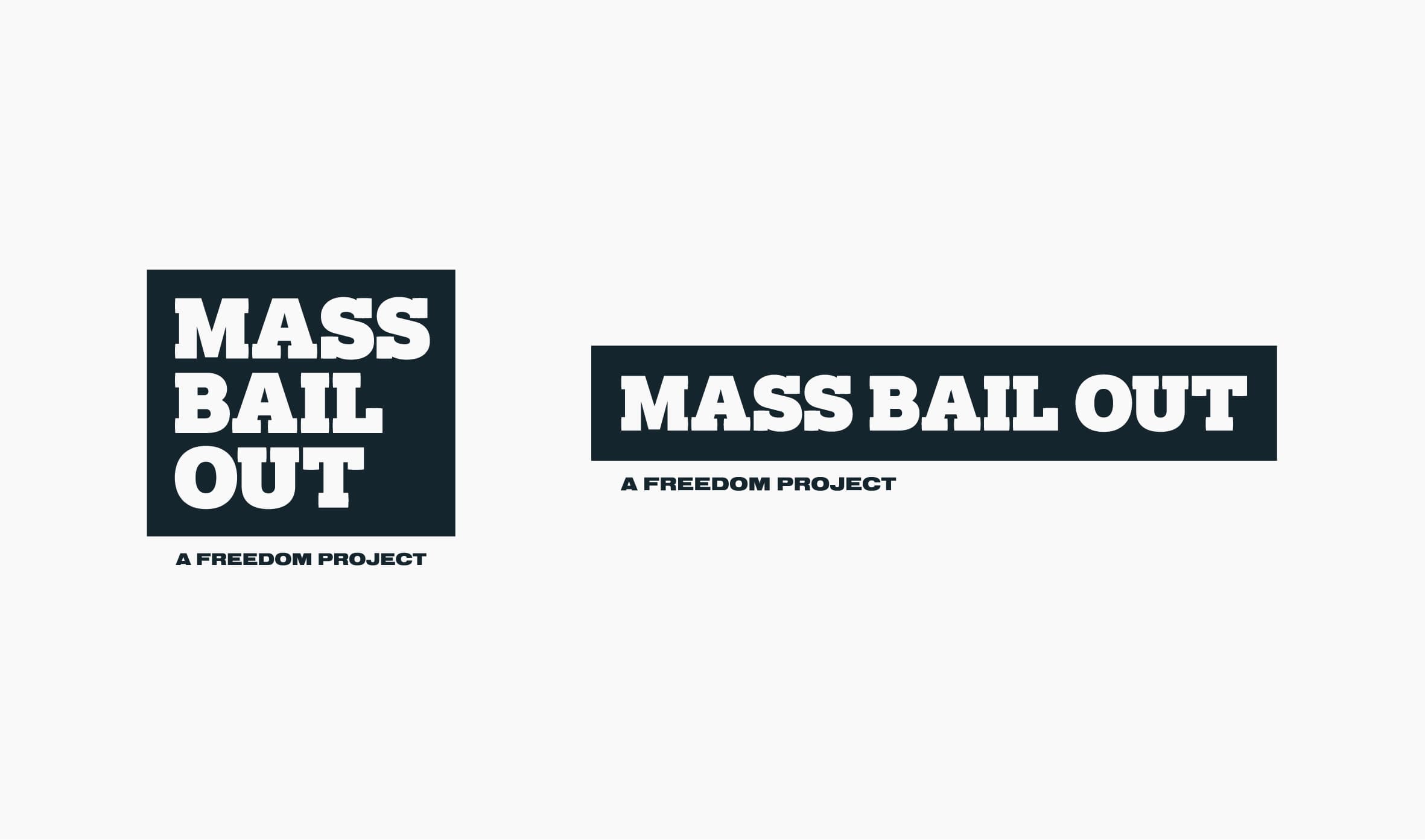 The image features two versions of the logo for "Mass Bail Out: A Freedom Project." One is a square with the text stacked inside, and the other is a rectangular banner with the text aligned horizontally. Both have a dark background and bold white text.