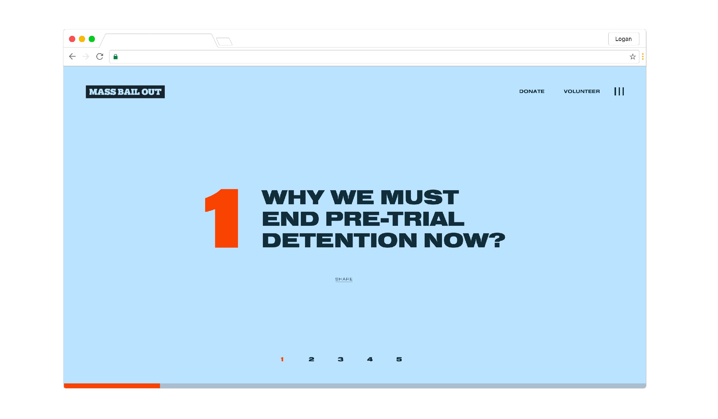 A webpage with a light blue background promoting an article titled "Why We Must End Pre-Trial Detention Now?" in bold, black text next to a large, orange number 1. Navigation buttons labeled "DONATE" and "VOLUNTEER" are at the top, and a pagination menu is at the bottom.
