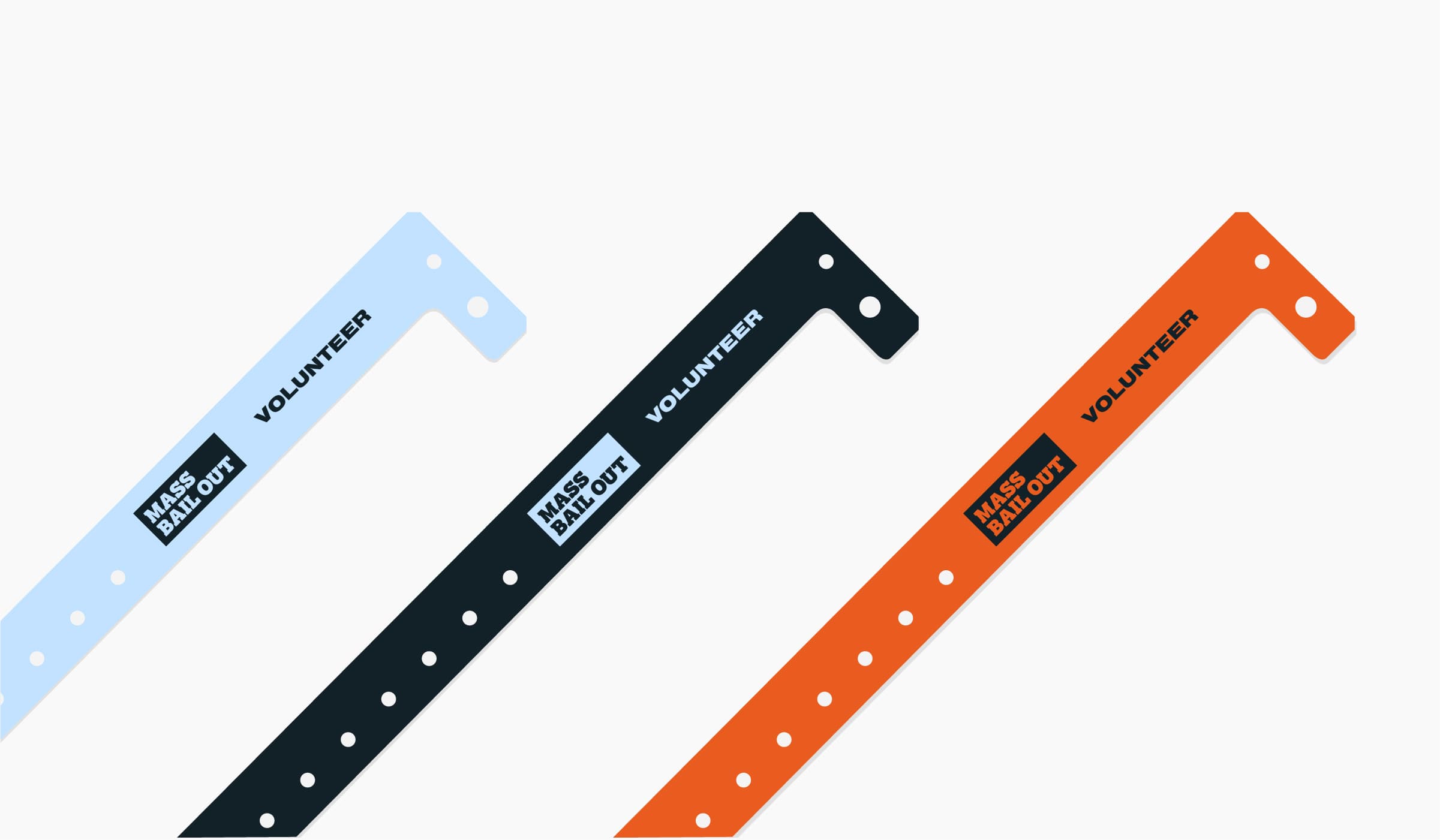 Three colored wristbands labeled 'MASS BAILOUT VOLUNTEER' are displayed. The colors are light blue, black, and orange, each with a perforated strip and a clasp end for fastening.