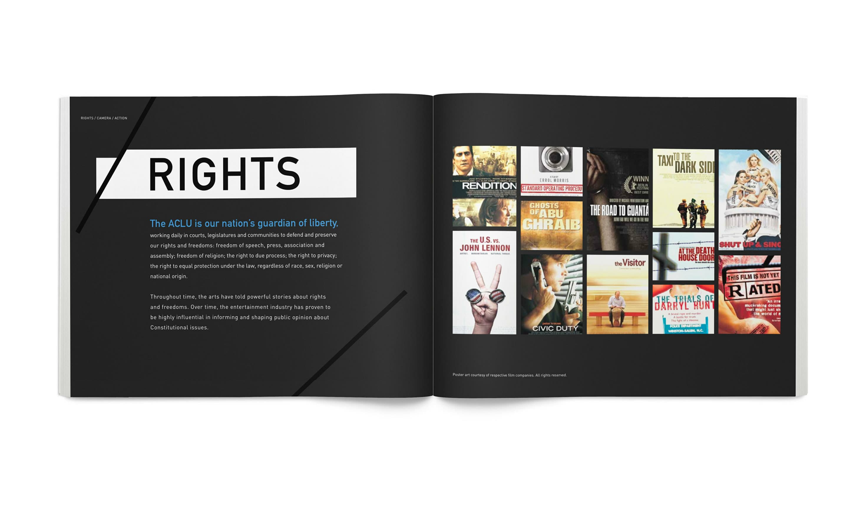 An open book displays a section titled "Rights" on the left page, discussing the ACLU's role in protecting civil liberties. The right page features a collage of various book and movie covers related to themes of rights and justice.