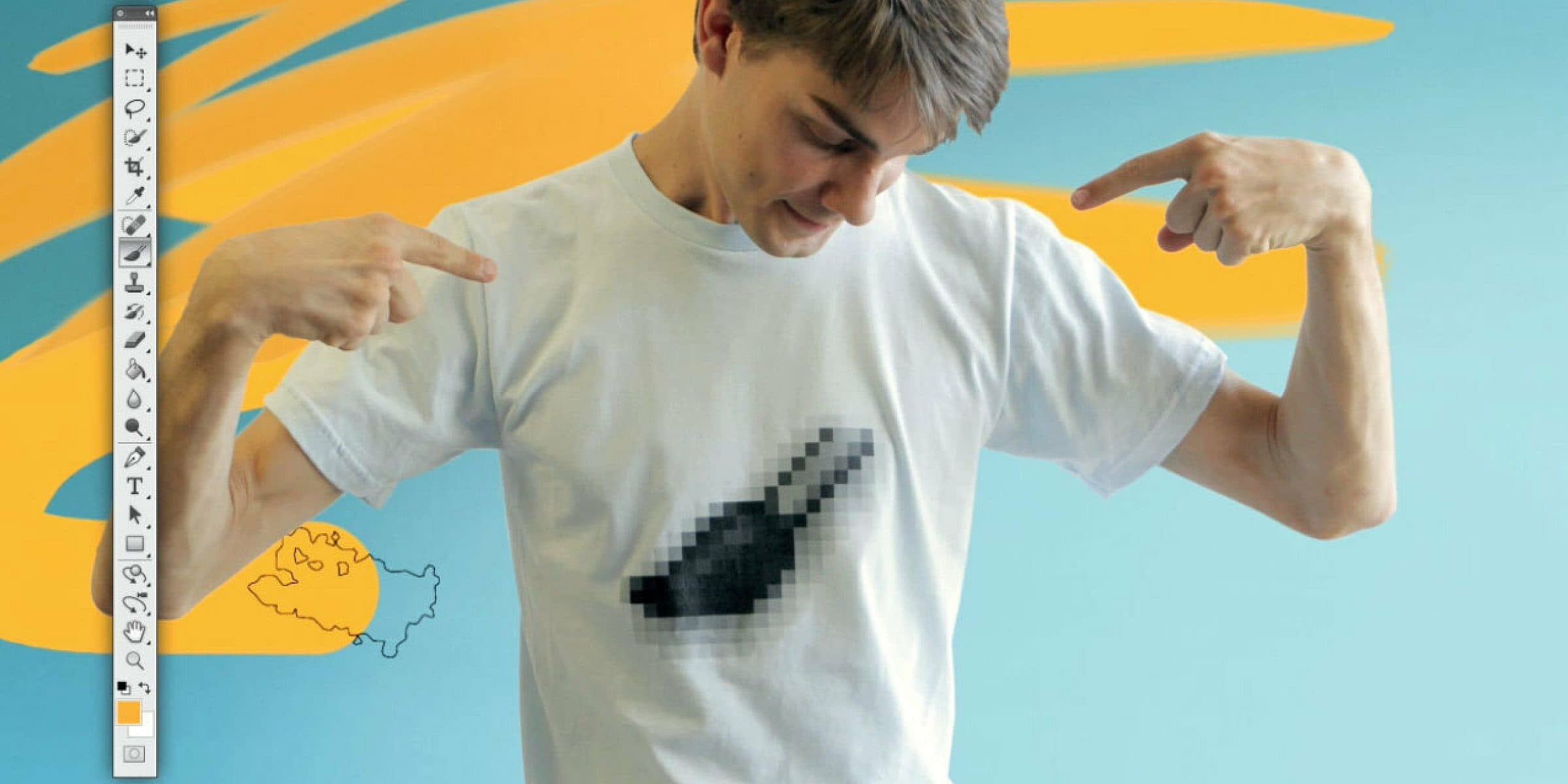 A person points at their white T-shirt, which has a pixelated black object in the center. Behind them is a wavy blue and yellow background. The left side of the image shows a toolbar resembling a digital painting or graphic design program.
