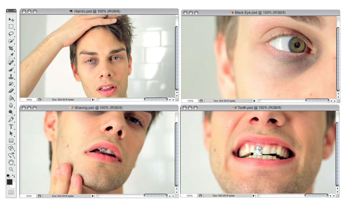 A composite image showing four photo-editing windows open on a computer screen. Each window features a close-up of a man's face with different issues: messy hair, a black eye, stubble on his chin, and a tooth gap. The windows have editing tools and menus visible.