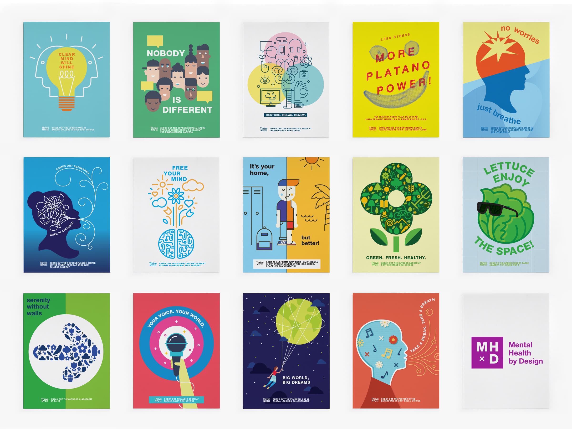 A collage of 15 colorful posters advocating mental health awareness. Each poster features unique designs, illustrations, and motivational messages. The themes vary from nature and calmness to empowerment and support, promoting positive mental health. The bottom right poster reads "MH by Design: Mental Health by Design.