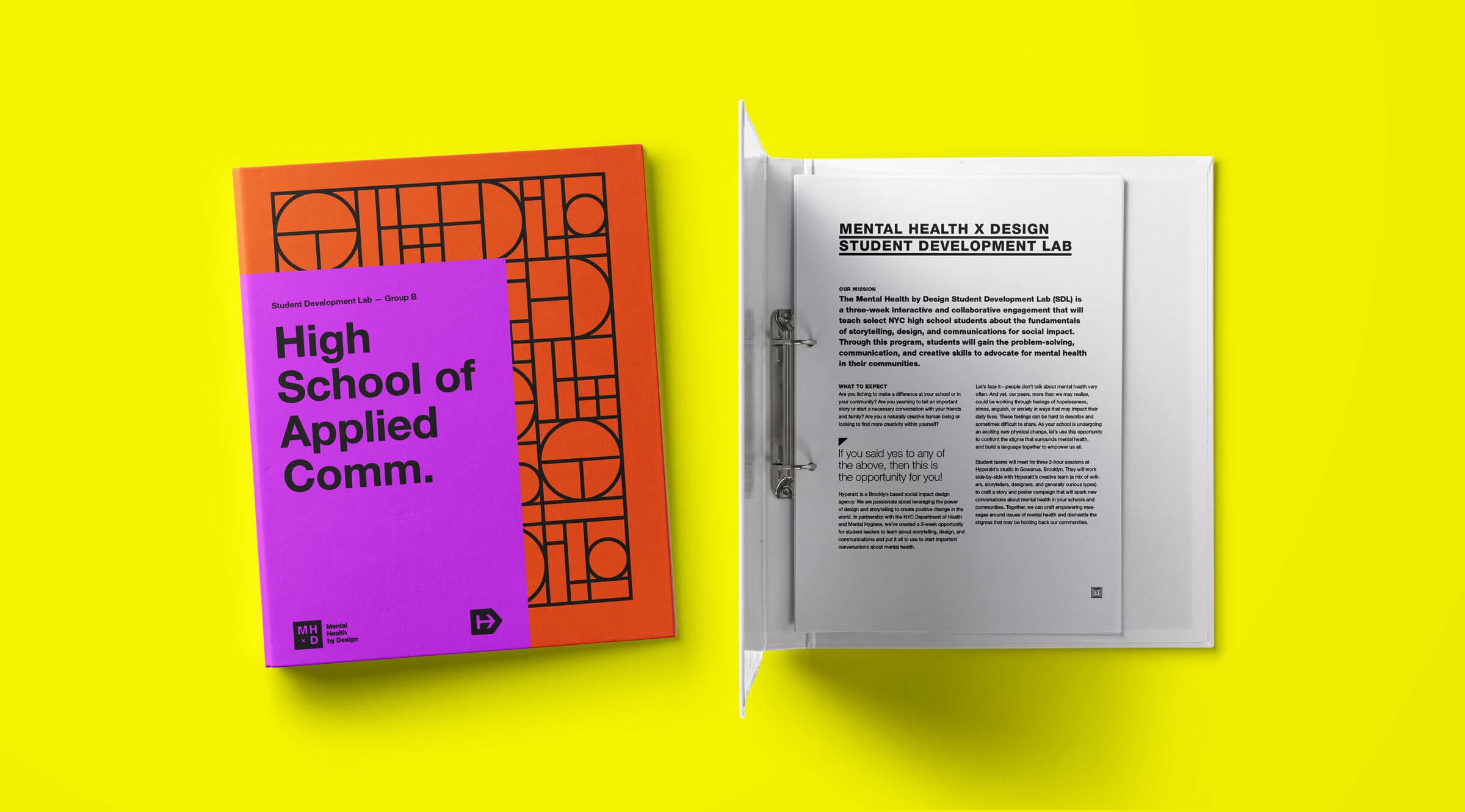 On a bright yellow background, there is a vibrant orange and pink book titled "High School of Applied Comm." next to an open binder containing a printed document titled "Mental Health & Design Student Development Lab.