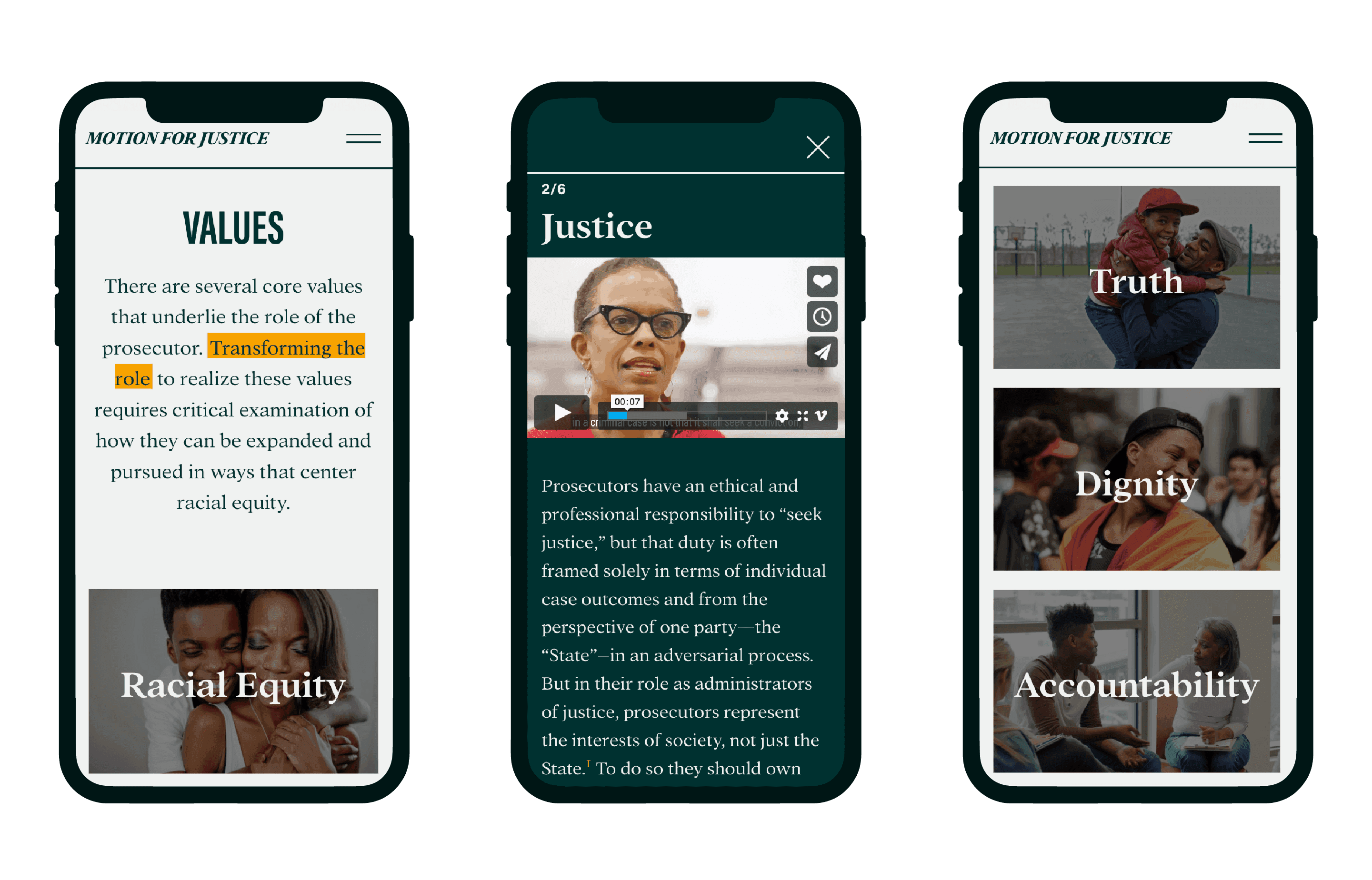 Three smartphones display different screens of an advocacy website. The left phone shows text about values and racial equity. The middle phone features a video with text about justice. The right phone displays images and terms: truth, dignity, and accountability.
