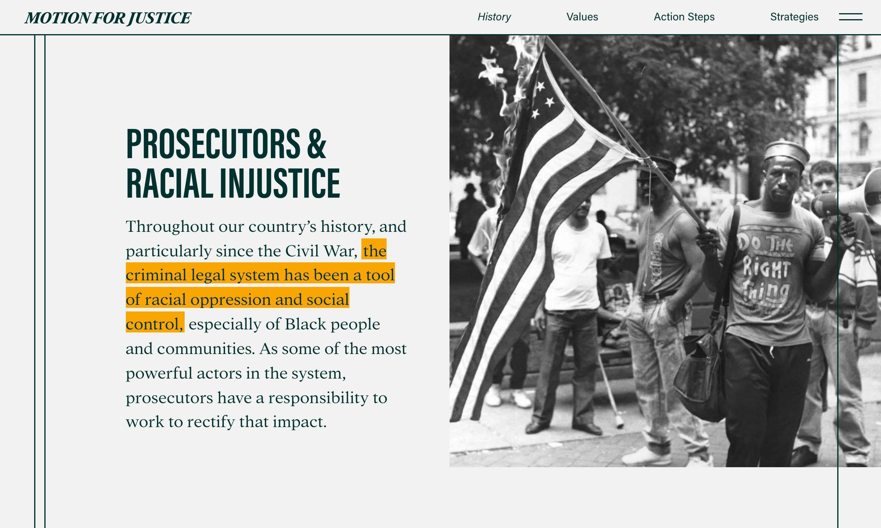 A webpage titled "Motion for Justice" features an article on Prosecutors & Racial Injustice. Highlighted text mentions the criminal legal system as a tool of racial oppression and control. A black-and-white photo to the right shows protesters with a sign reading "Do the Right Thing" and one holding an American flag with inverted colors.