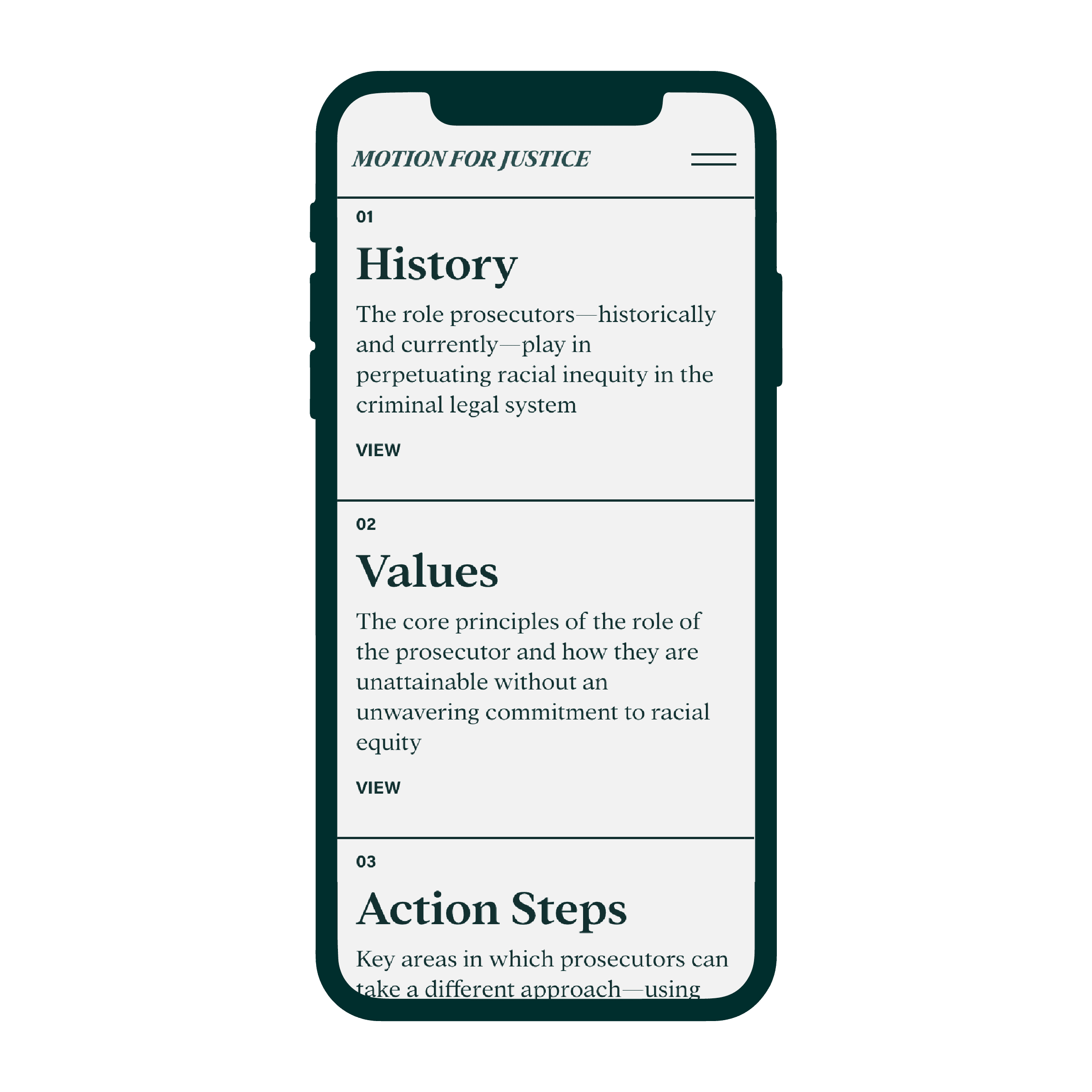 A smartphone screen displays an article from "Motion for Justice." Sections on the screen include "History," "Values," and "Action Steps," with brief descriptions. The article discusses the role of prosecutors in racial inequity in the legal system.