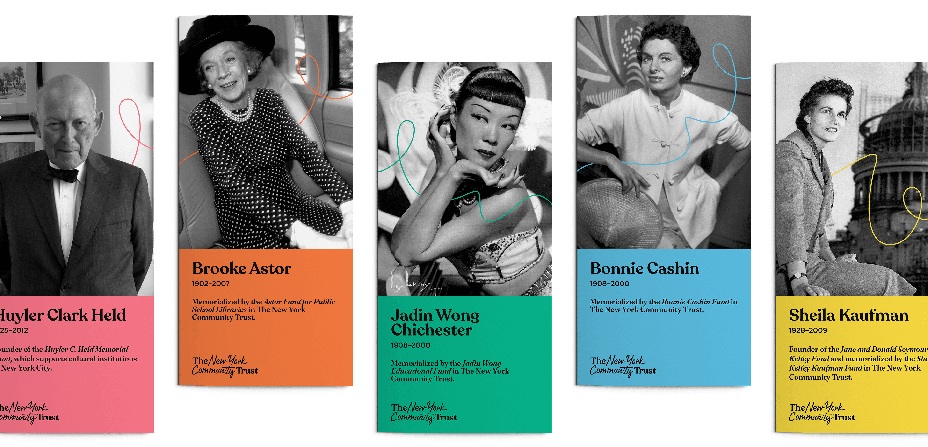 A series of four banners each features a black and white portrait of an individual with a colorful block of text below them. The banners include names and brief descriptions of Huyler Clark Held, Brooke Astor, Jadin Wong Chichester, Bonnie Cashin, and Sheila Kaufman.