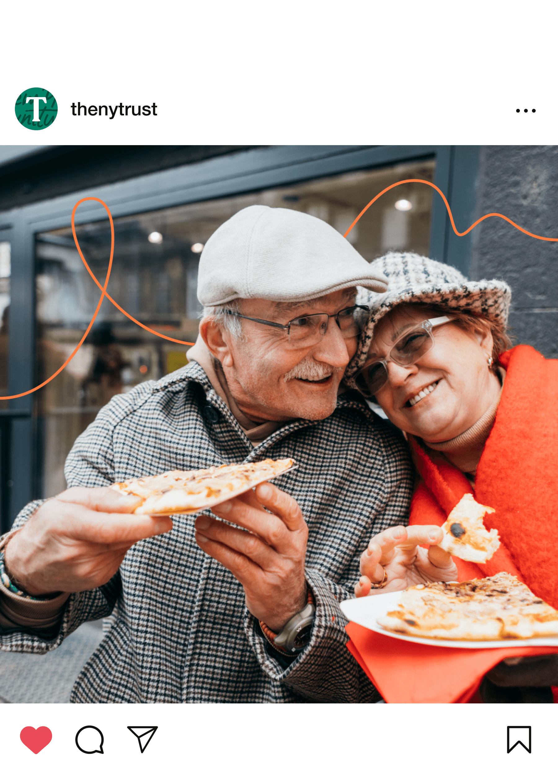 An elderly couple dressed warmly in hats and coats share a cheerful moment while eating pizza outdoors. The woman is leaning into the man, both smiling and holding slices of pizza. The background shows a storefront with a large window, and an orange line design is overlaid.