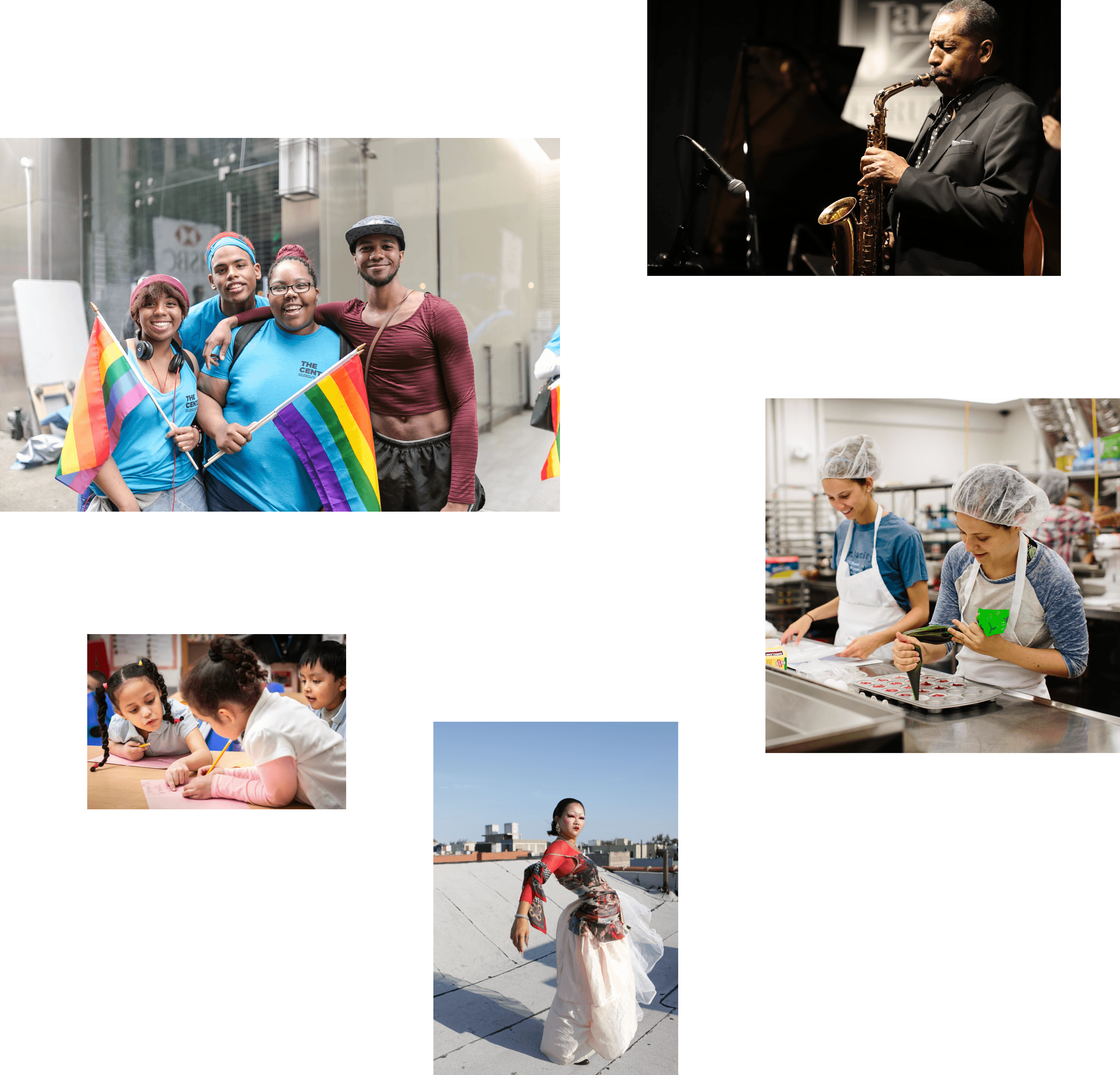 A collage with six images: group of people with rainbow flags, a musician playing the saxophone, people in kitchen uniforms preparing food, a person writing on paper with children, a person wearing a flowing outfit standing on a rooftop, and a person in a blue shirt and jeans.