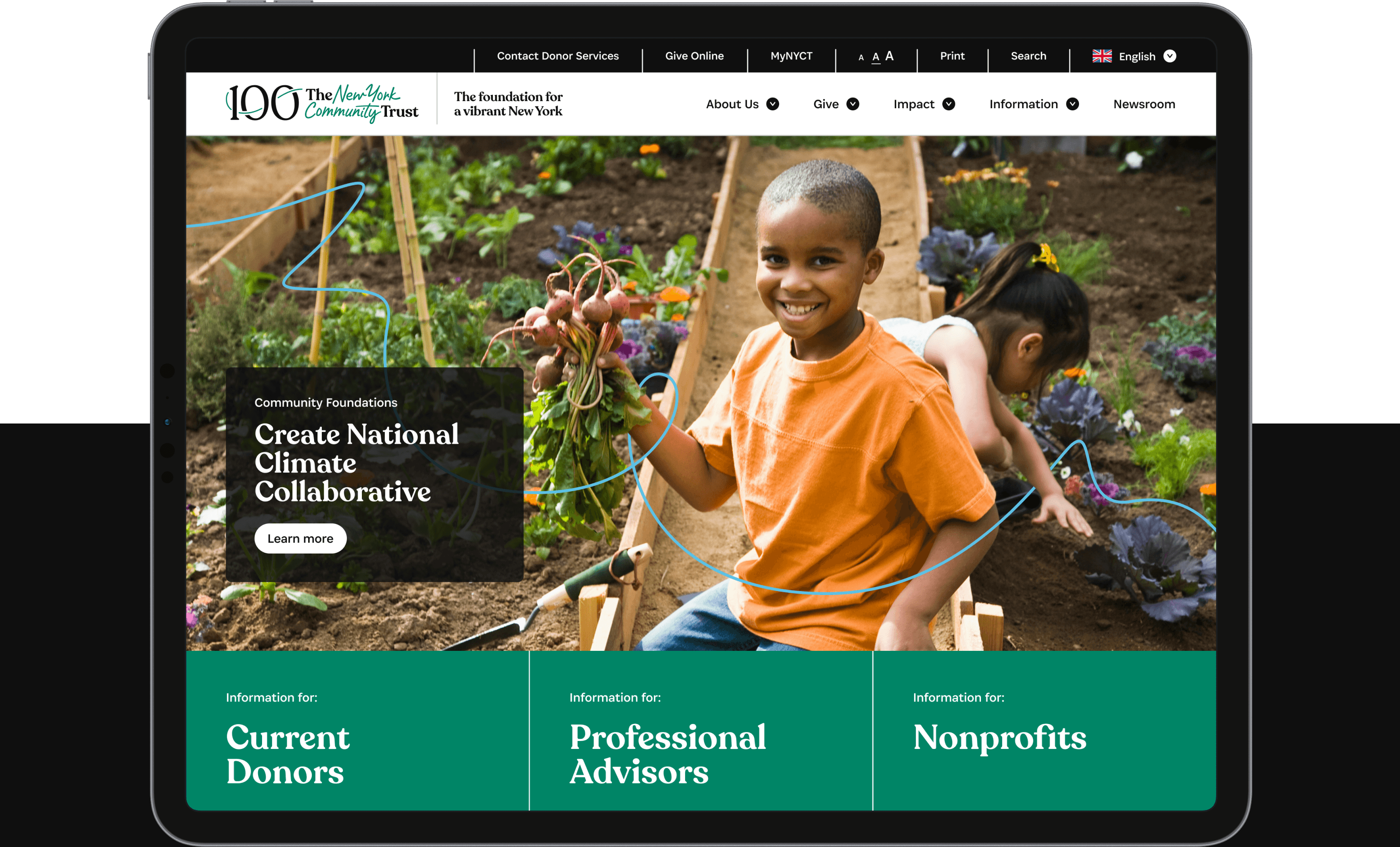 A screenshot of The New York Community Trust website showcasing children gardening. The screen features a header with the foundation's name and menu options. The main content highlights an initiative called "Create National Climate Collaborative" with buttons for more information.