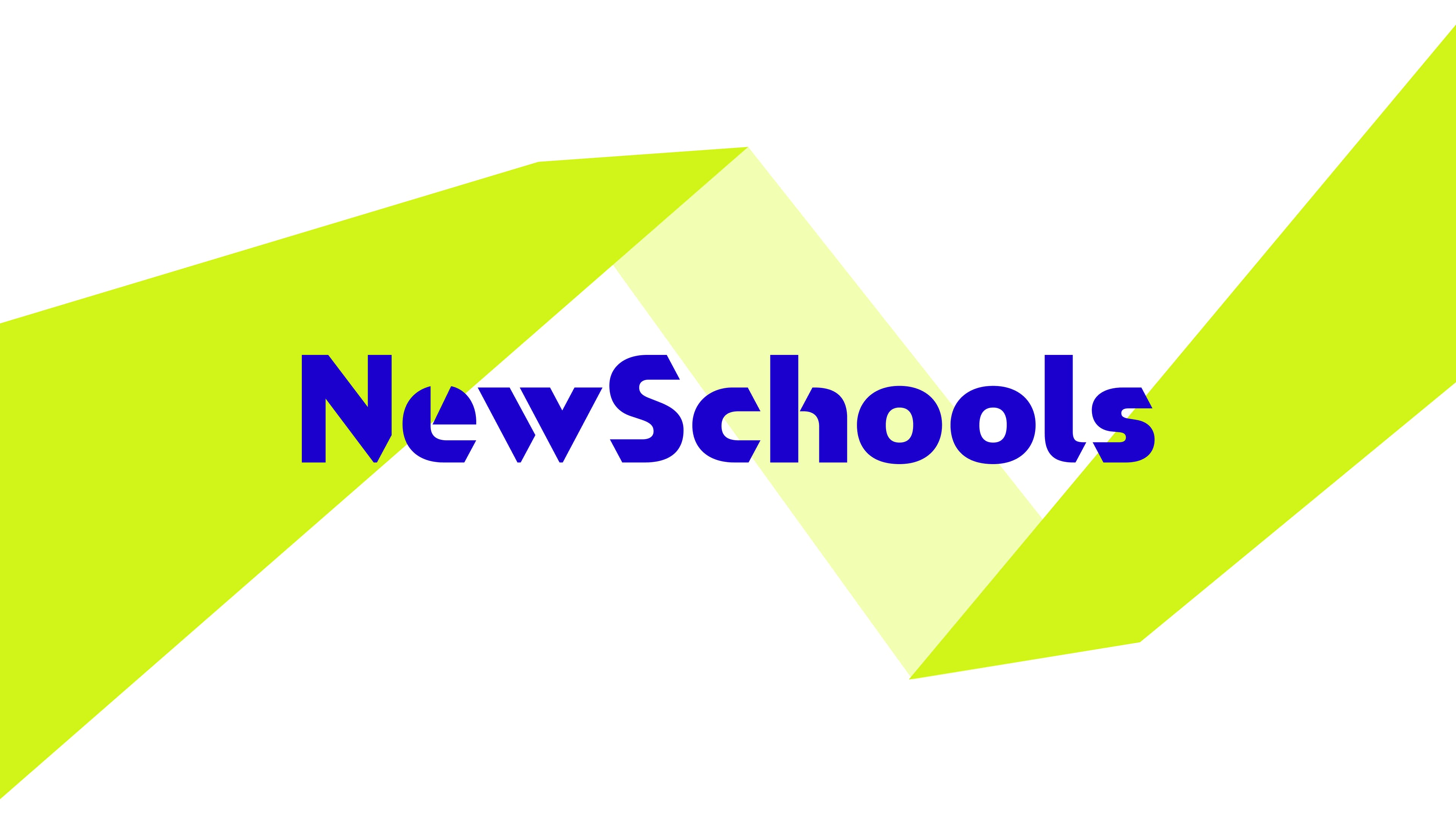 Bold, blue text reading "NewSchools" is centered over a background featuring two intersecting, bright yellow-green geometric shapes forming an angular, zigzag pattern.