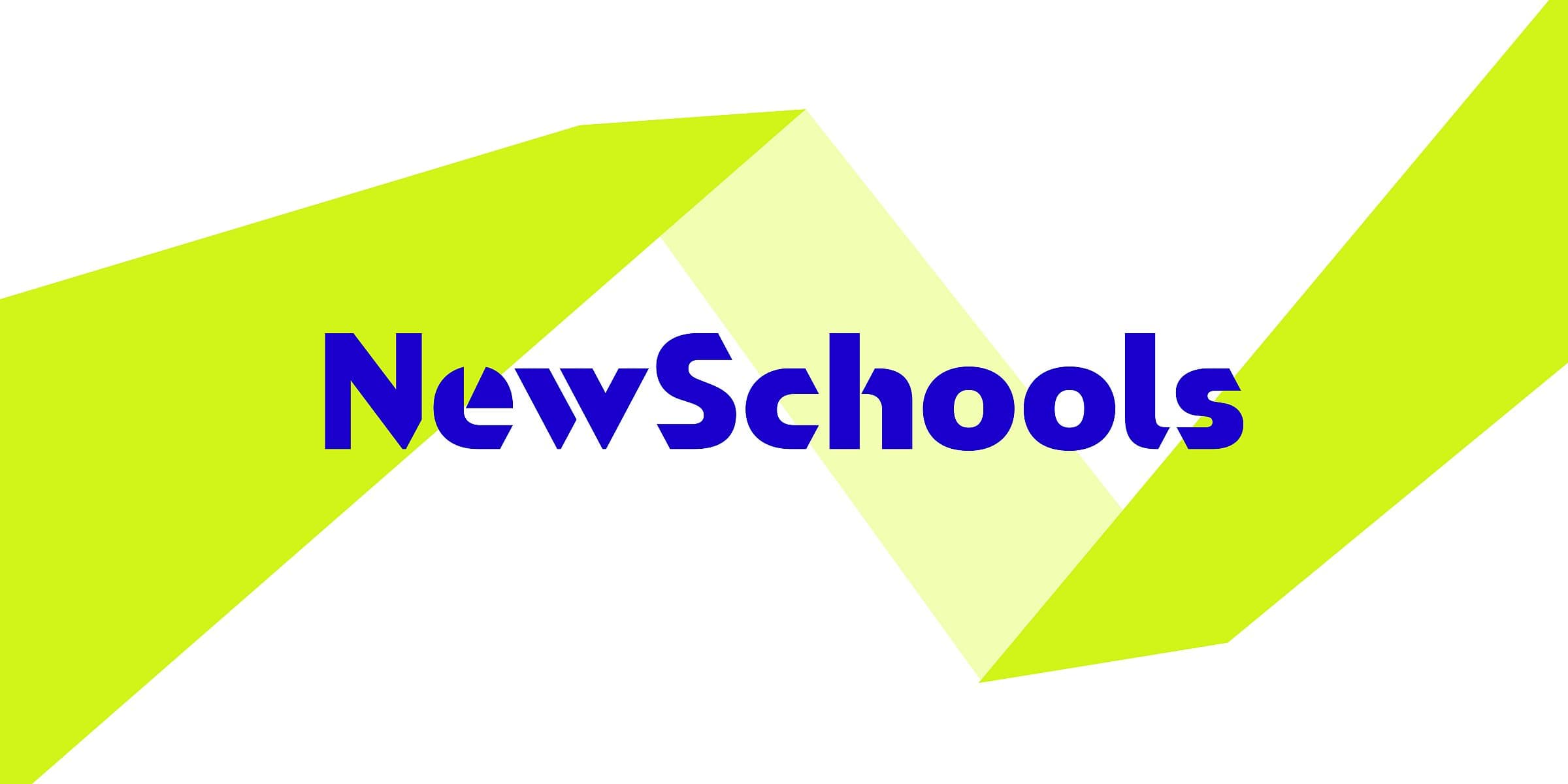 Bold, blue text reading "NewSchools" is centered over a background featuring two intersecting, bright yellow-green geometric shapes forming an angular, zigzag pattern.