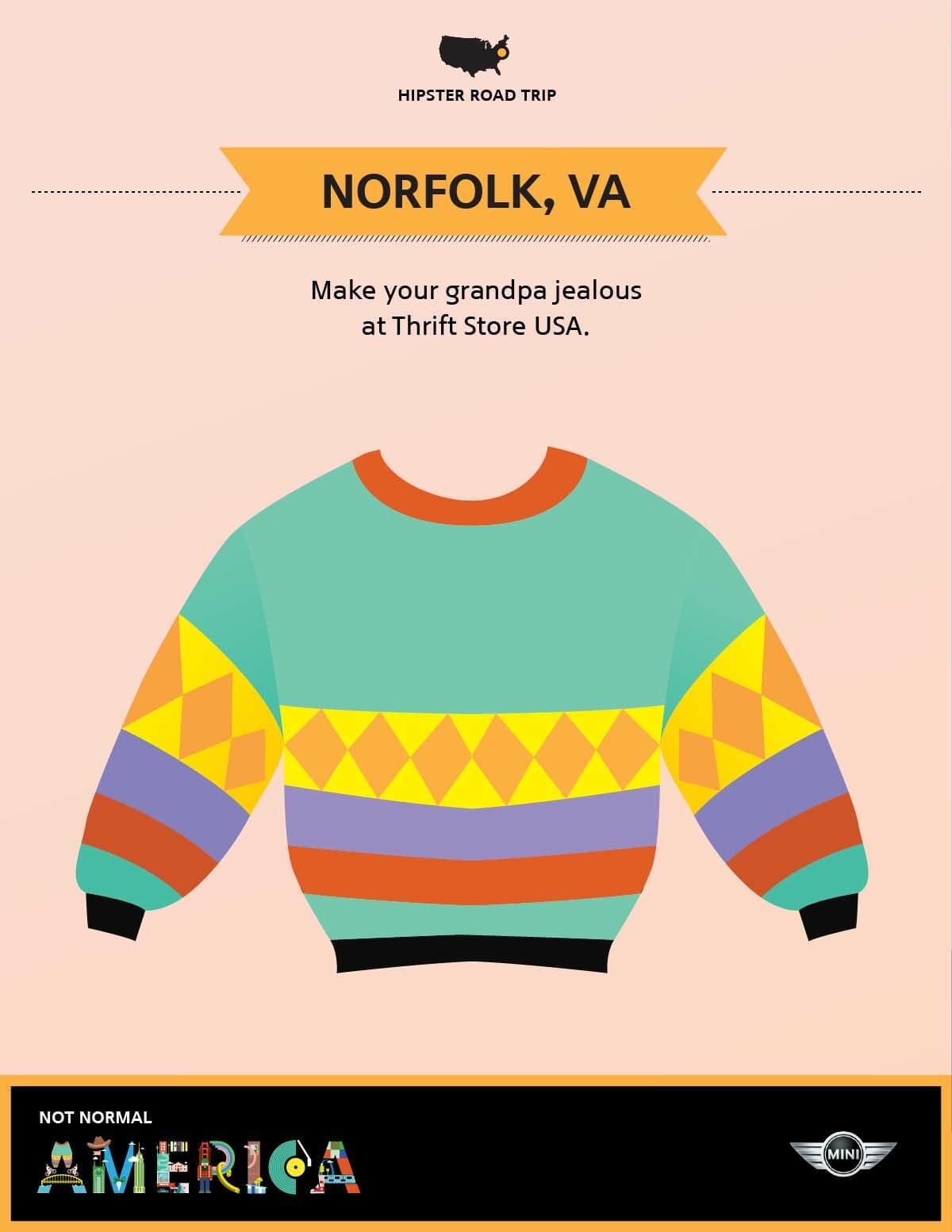 An illustrated poster features a colorful, retro sweater with geometric patterns. Above the sweater is text reading "Norfolk, VA" and "Make your grandpa jealous at Thrift Store USA." The bottom text reads "Not Normal America" with a MINI logo beside it.