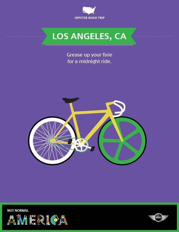 Illustrated poster featuring a yellow fixed-gear bicycle with green wheels on a purple background. The text at the top reads "LOS ANGELES, CA" and below, "Grease up your fixie for a midnight ride." The bottom section includes "Not Normal America" and a Mini logo.