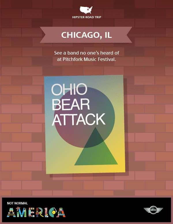 Poster for "Hipster Road Trip" in Chicago, IL, promoting a concert by the band "Ohio Bear Attack" at Pitchfork Music Festival. The background consists of a brick wall with various logos and text encouraging discovering new music.
