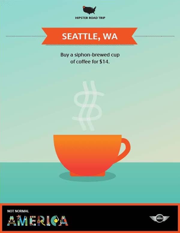 Minimalist poster advertising Seattle, WA as a stop on a "Hipster Road Trip." It features an illustration of an orange coffee cup with steam forming a dollar sign, promoting a $14 siphon-brewed cup of coffee. The bottom displays "Not Normal America" and a MINI logo.