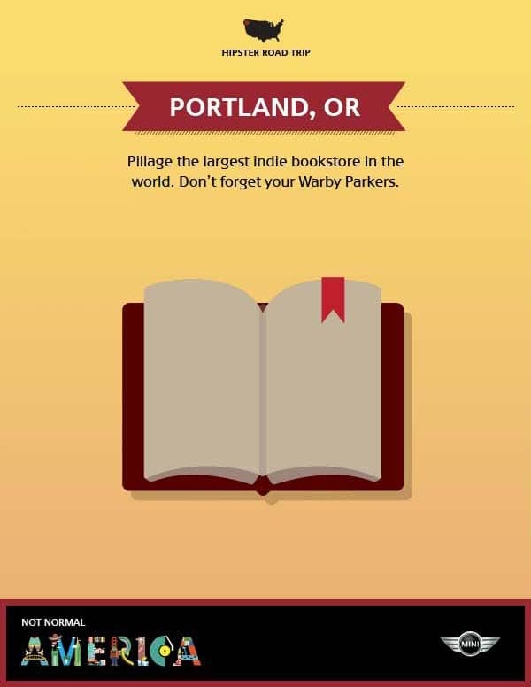 Illustrated poster for Portland, Oregon, featuring an open book with a red bookmark. Text reads, "Pillage the largest indie bookstore in the world. Don’t forget your Warby Parkers." Located above the book illustration is a map of the USA with "HIPSTER ROAD TRIP.