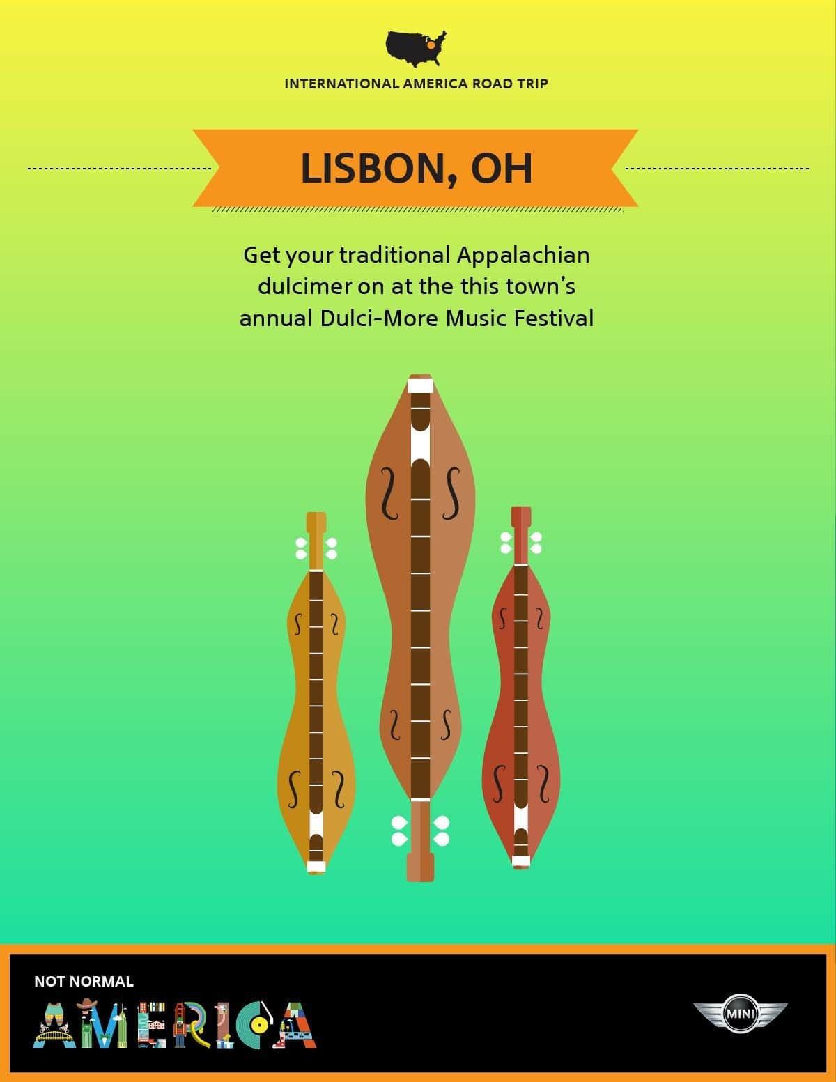 Poster advertising the Dulci-More Music Festival in Lisbon, Ohio. The background transitions from yellow to green. Three Appalachian dulcimers are illustrated in the center. The tagline reads: "Get your traditional Appalachian dulcimer at this annual festival.
