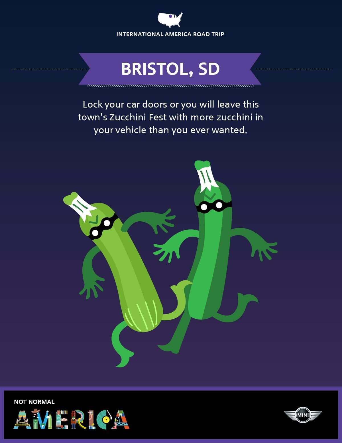 Illustration of two anthropomorphic zucchinis dressed as thieves against a dark purple background. Text at the top reads "Bristol, SD." Below, a caption states "Lock your car doors or you will leave this town's Zucchini Fest with more zucchini in your vehicle than you ever wanted.