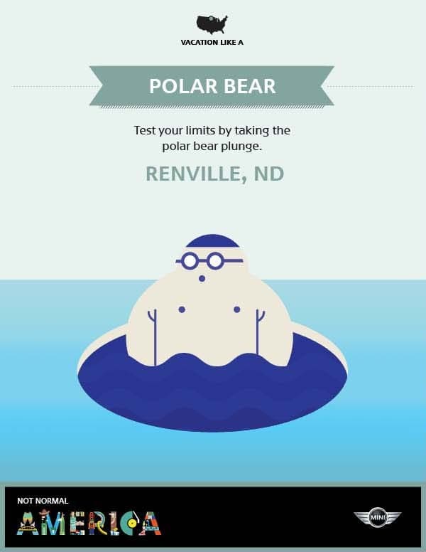 Illustration of a person in a swimming cap and goggles emerging from cold water, with the text "POLAR BEAR" above. Below, it reads: "Test your limits by taking the polar bear plunge. RENVILLE, ND." The bottom of the image features "NOT NORMAL AMERICA" and the MINI logo.