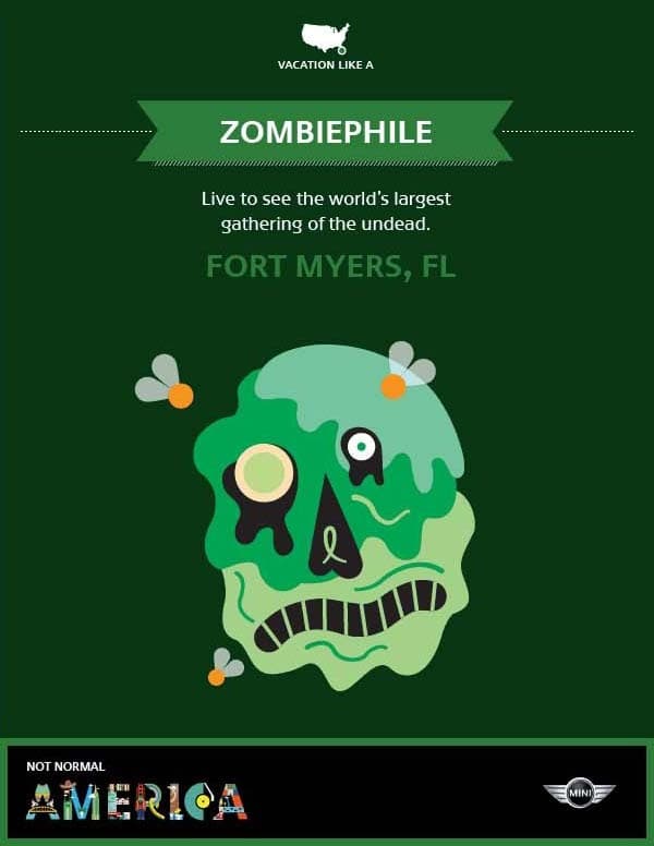 A graphic poster titled "ZOMBIEPHILE" with the tagline "Live to see the world's largest gathering of the undead." It features a stylized zombie face with green skin, one eye, and flies buzzing around. Located in Fort Myers, FL. Logos of "Vacation Like A" and "MINI" are also displayed.