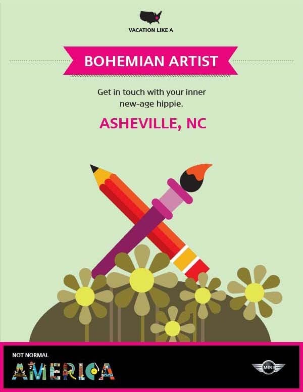 Illustration of a banner promoting Asheville, NC as a vacation destination for bohemian artists. The graphic features a pencil, paintbrush, and flowers, with the text: "Get in touch with your inner new-age hippie." It has a MINI logo and says "Not Normal America.