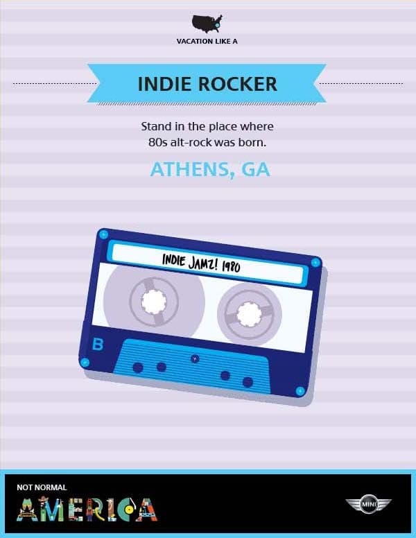 Poster with a blue cassette tape labeled "Indie Jamz! 1980." Text above reads "Vacation Like A Indie Rocker" and "Stand in the place where 80s alt-rock was born. ATHENS, GA" against a light purple striped background. A MINI logo is at the bottom.