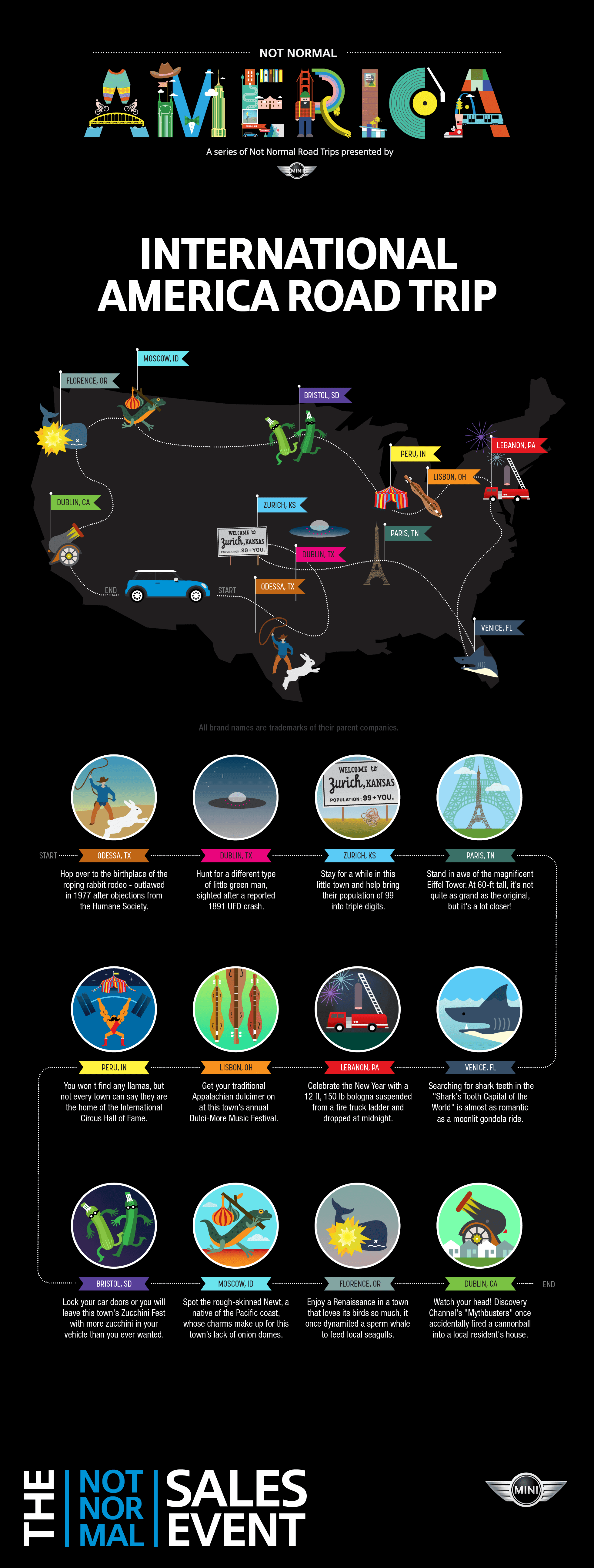 Map of the United States featuring an "International America Road Trip." Various cities across the U.S. are illustrated with landmarks and activities resembling international themes, like a Louvre pyramid, a Japanese garden, and a Canadian maple leaf car. MINI ad at bottom.