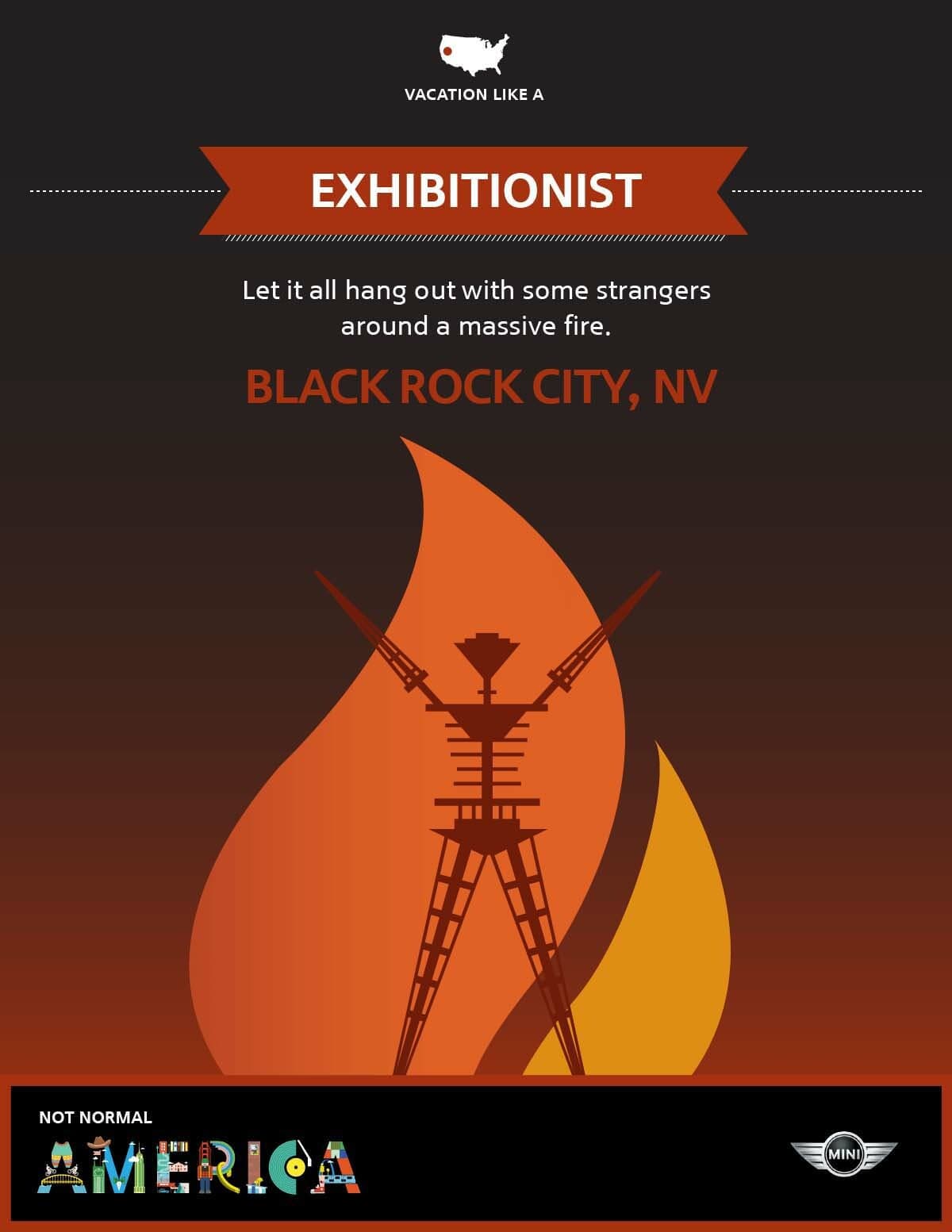 Poster featuring a flame-shaped graphic with a wooden man sculpture. The text reads "EXHIBITIONIST: Let it all hang out with some strangers around a massive fire. BLACK ROCK CITY, NV." The bottom text says "NOT NORMAL AMERICA" with a MINI logo.