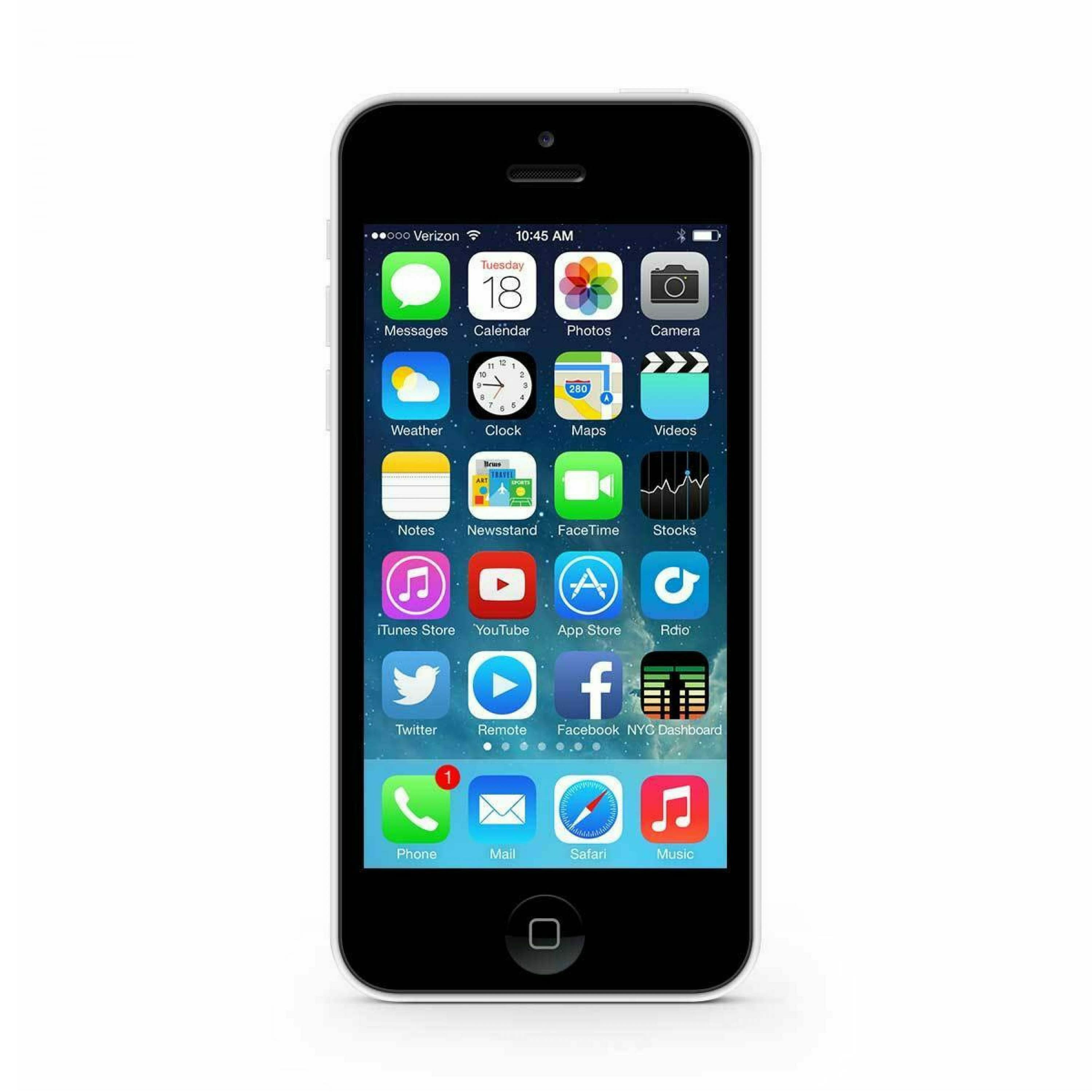 An iPhone with a black front and white back is displayed against a white background. The screen shows various app icons, including Messages, Calendar, Photos, Camera, Weather, Clock, Maps, and several others. The time on the screen reads 10:45 AM.