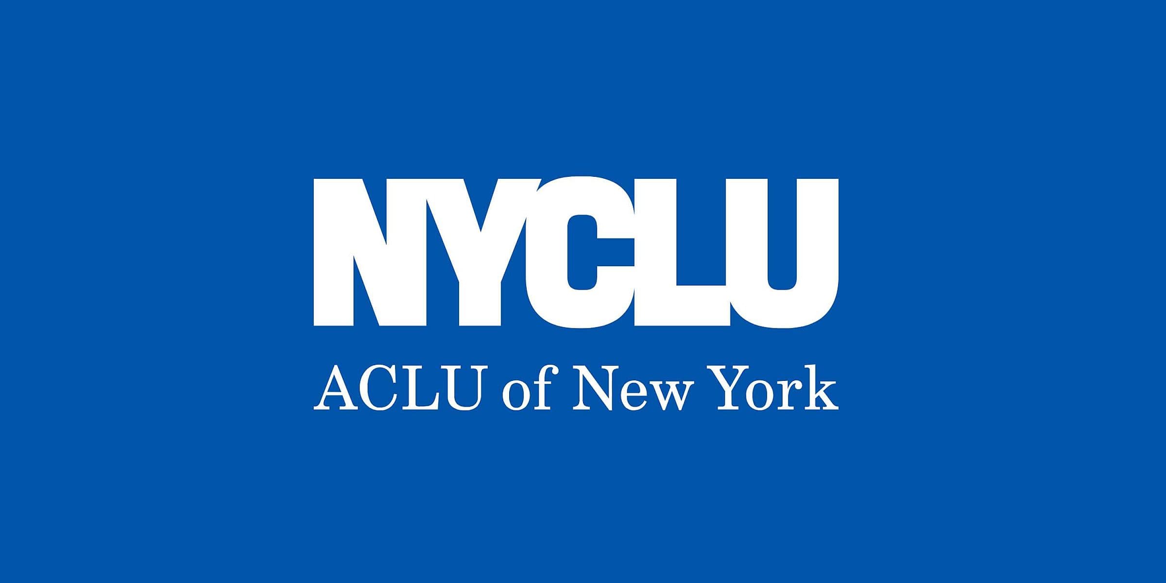 Blue background with the white text "NYCLU" in large, bold letters above smaller text "ACLU of New York.