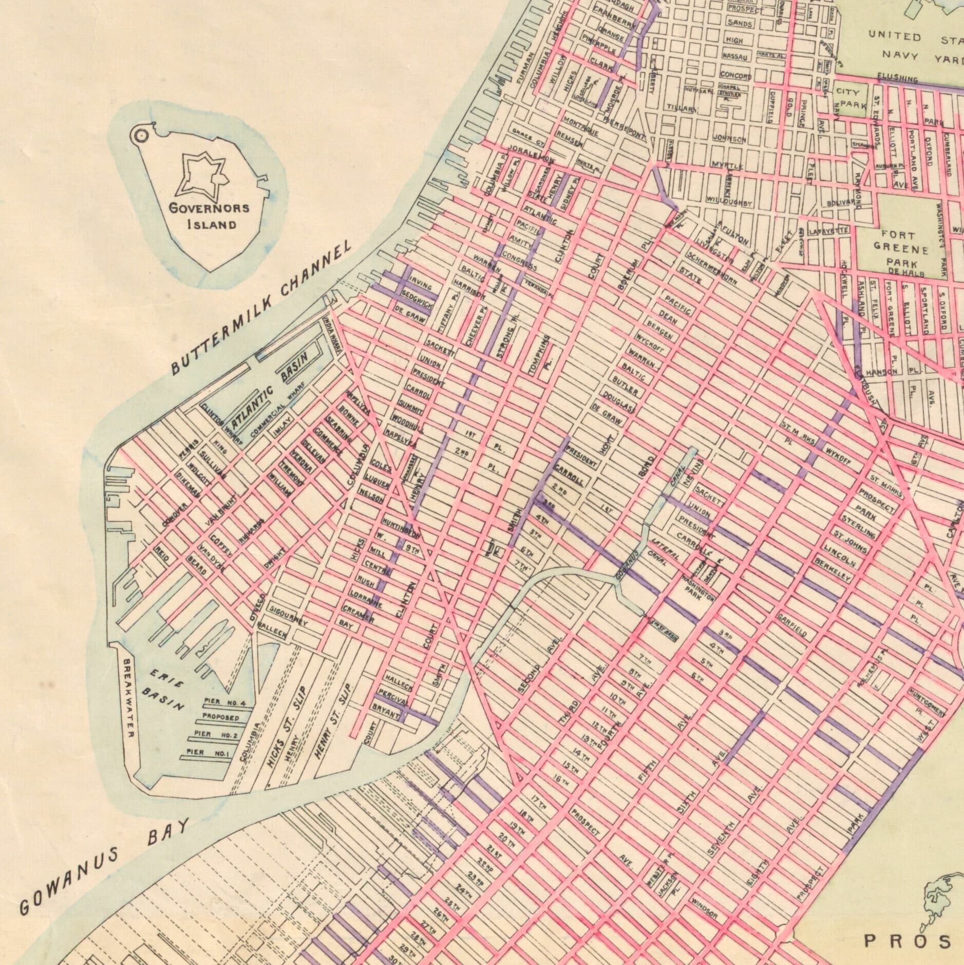 A vintage map highlighting the area around Buttermilk Channel in New York City. Prominent features include Governors Island, Gowanus Bay, and detailed street grids of Brooklyn neighborhoods. Notable landmarks such as the United States Navy Yard and Fort Greene are marked.